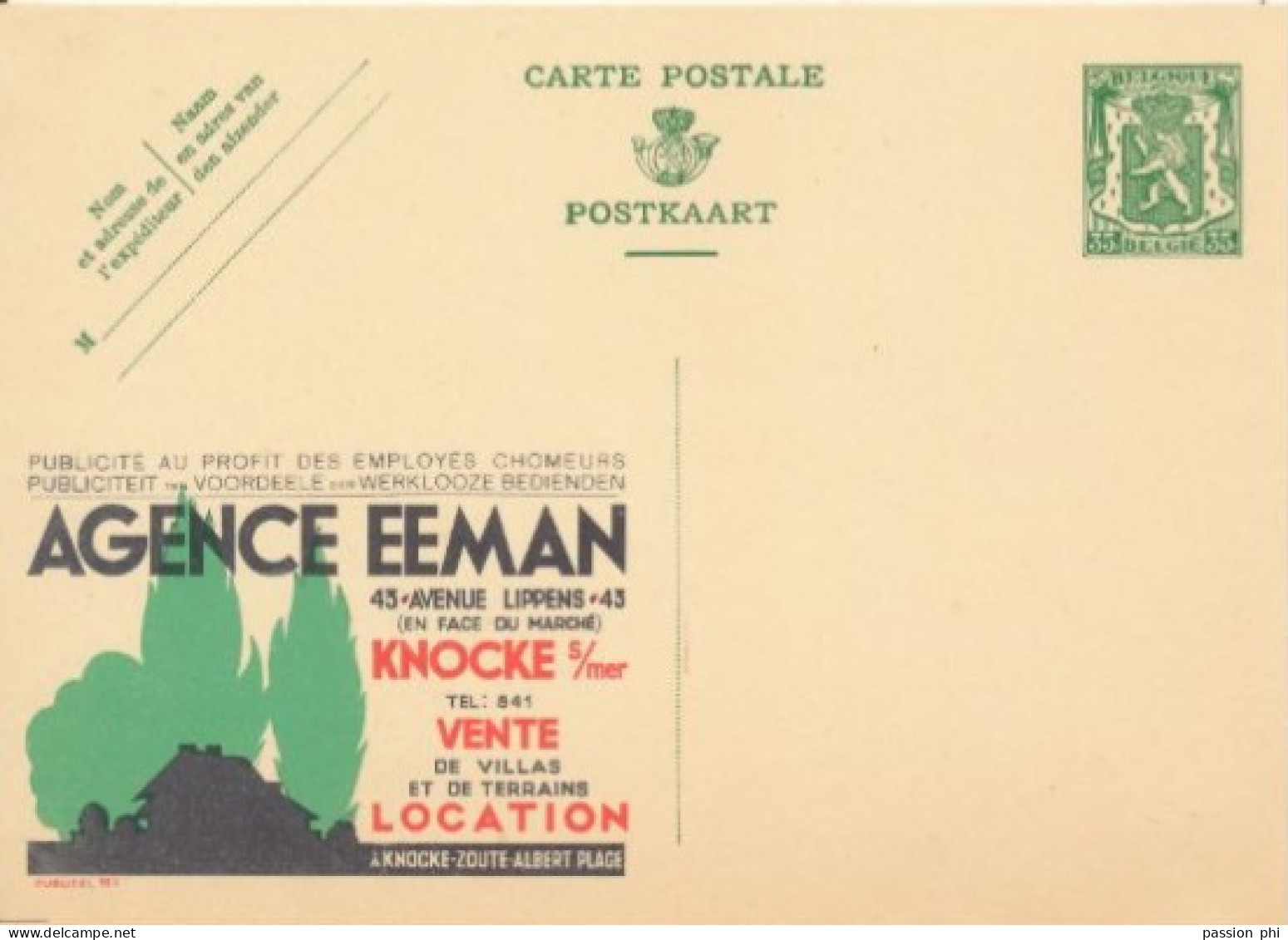 BELGIUM PPS 30C GREEN "SCEAU D'ETAT" SBEP 5 PUBLIBEL 222 AGENCE EEMAN VILLAS UNUSED - Publibels