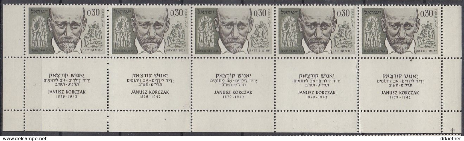 ISRAEL  264, 5erStreifen Mit Unterrand TAB, Postfrisch **, 20. Todestag Von Janusz Korczak, 1962 - Neufs (avec Tabs)
