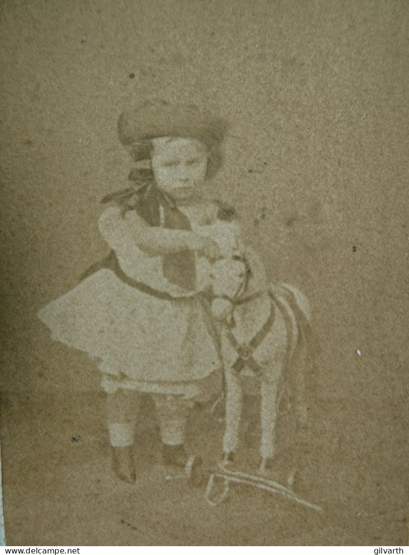 Photo Cdv Haase, Berlin - Friedrich Wilhelm Prinz Von Preussen, Guillaume II Et Son Cheval à Roulettes Ca 1861 L437 - Antiche (ante 1900)