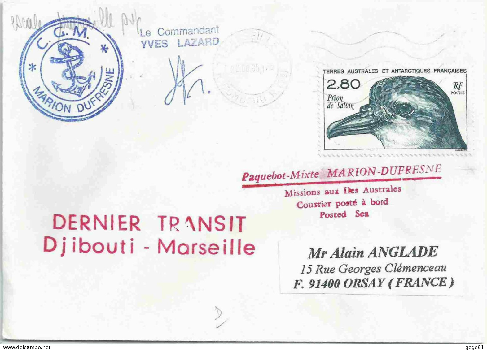 YT 189 Prion De Salvin - Posté à Bord Du MD - Paquebot - Dernier Transit Le Port Marseille - 22/06/1995 - Storia Postale