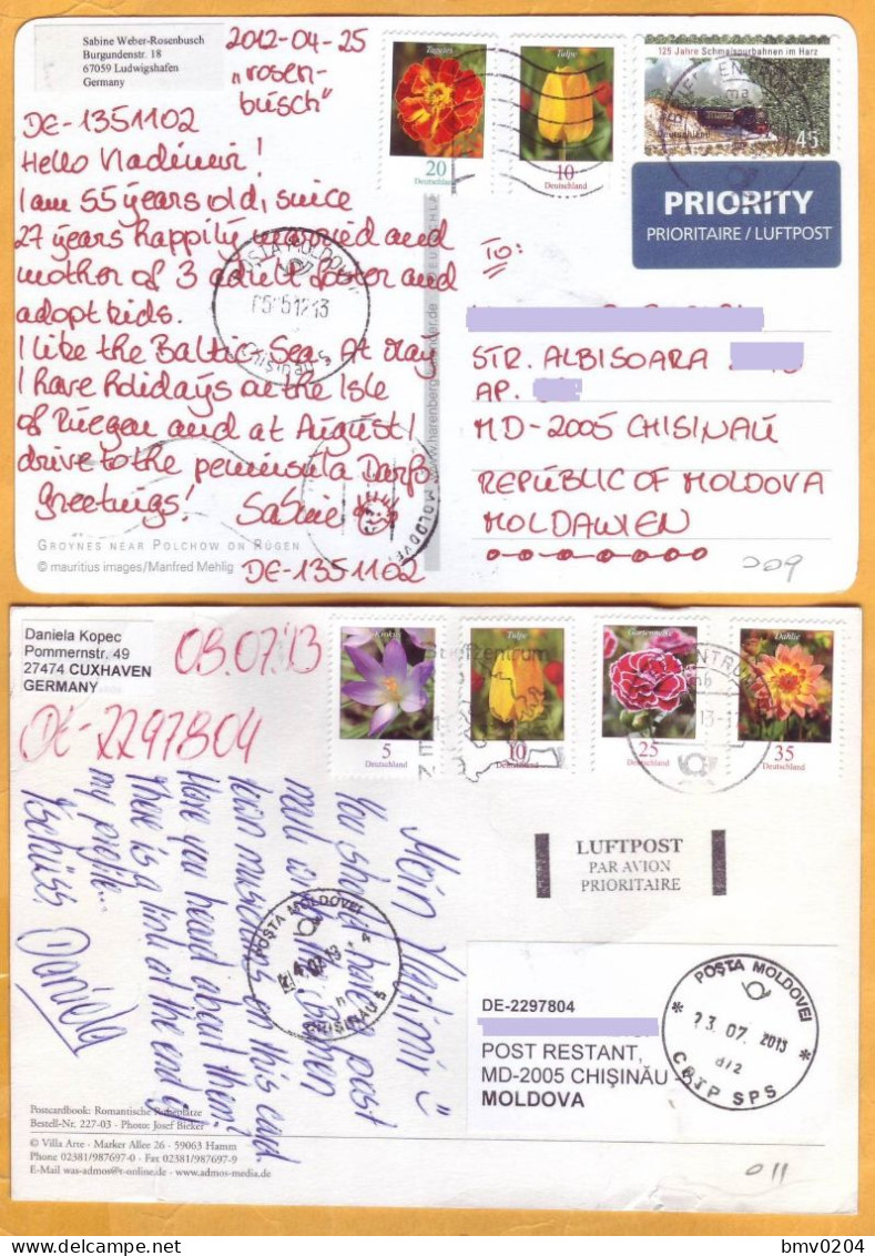 2013, 2014, Stamps Used , Postcards, To Moldova, Postcrossing, Germany, Nature, Flowers - Moldawien (Moldau)