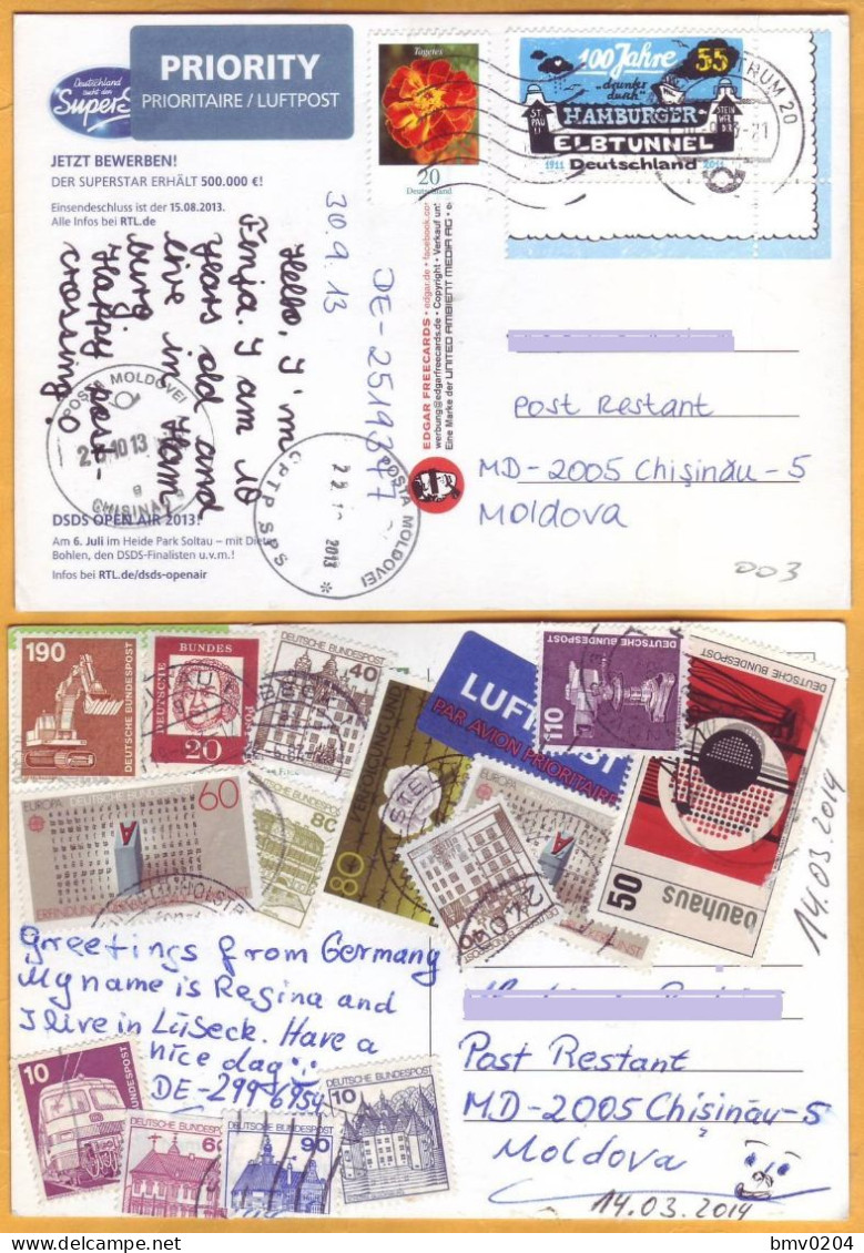 2013, Stamps Used , Postcards, To Moldova, Postcrossing, Germany, Nature - Moldova