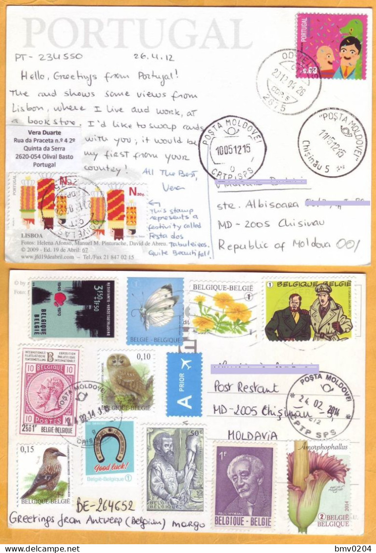 2011, 2012 Stamps Used , Postcards, To Moldova, Postcrossing, Portugal, Belgium, Architecture, - Moldavie