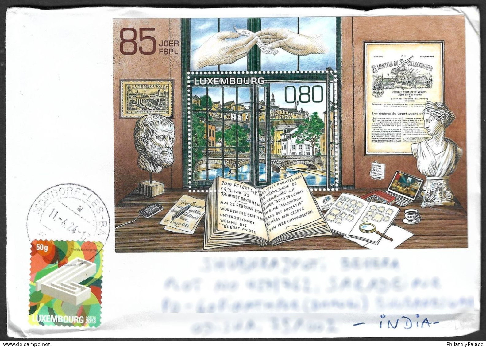 LUXEMBOURG 2013 Postocollants ,Stamp On Stamp, Demosthenes, Eudokia, Bridge,  India, Cover (**) - Brieven En Documenten