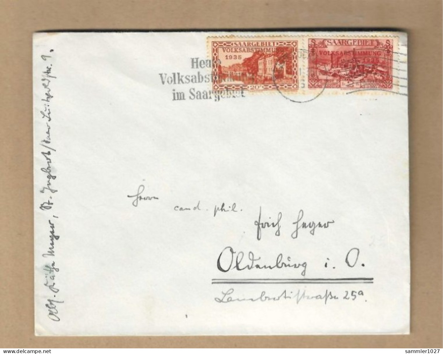 Los Vom 10.05   Briefumschlag Aus Saarbrücken 1935 - Covers & Documents