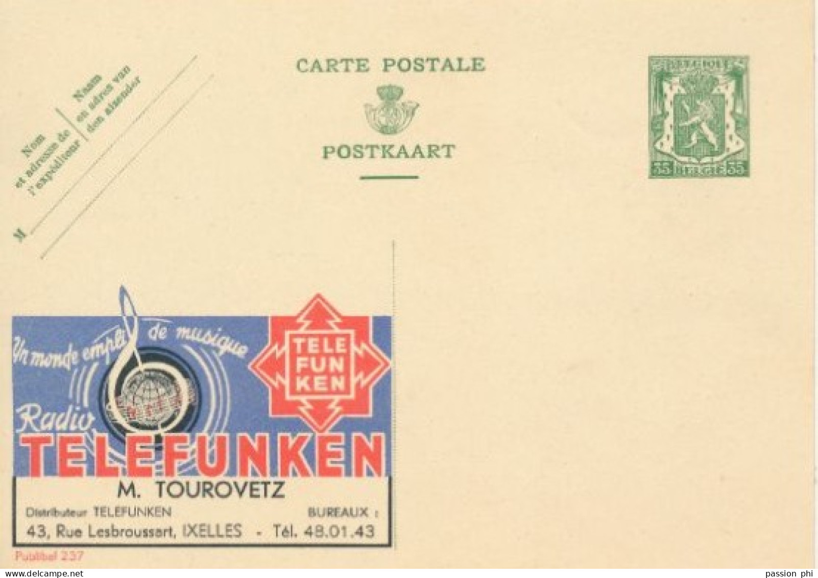 BELGIUM PPS 30C GREEN "SCEAU D'ETAT" SBEP 5 PUBLIBEL 235 TELEFUNKEN TOUROVETZ UNUSED - Werbepostkarten