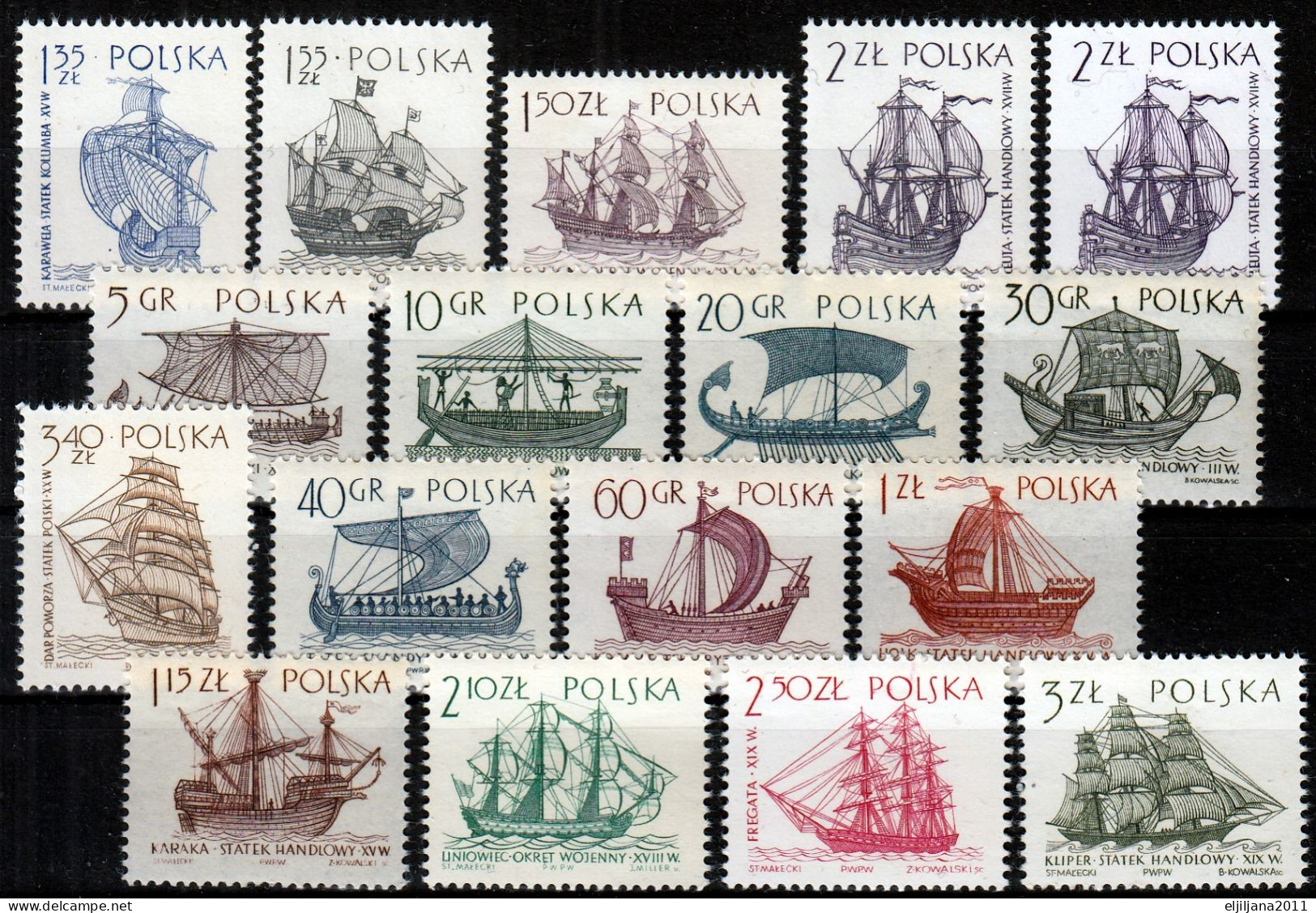 ⁕ Poland / Polska 1964 & 1965 ⁕ Sailing Ships Mi.1465-1472 & Mi.1562-1569 ⁕ 17v MNH - Unused Stamps