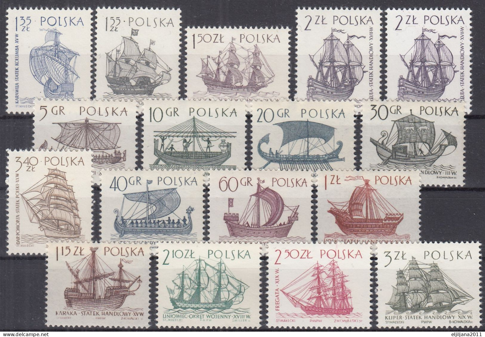 ⁕ Poland / Polska 1964 & 1965 ⁕ Sailing Ships Mi.1465-1472 & Mi.1562-1569 ⁕ 17v MNH - Nuevos