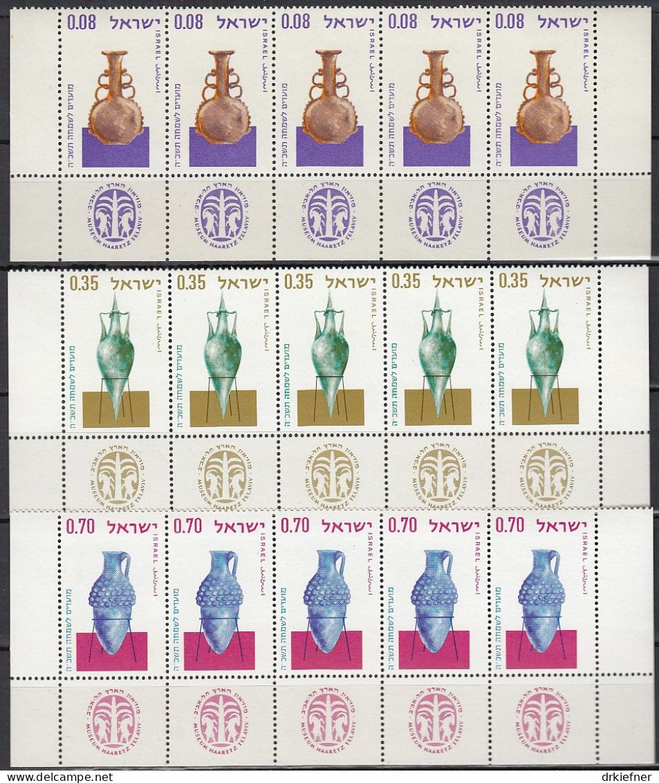 ISRAEL  309-311, 5erStreifen Mit Unterrand TAB, Postfrisch **, Jüdische Festtage: Antike Glasgefäße, 1964 - Ungebraucht (mit Tabs)