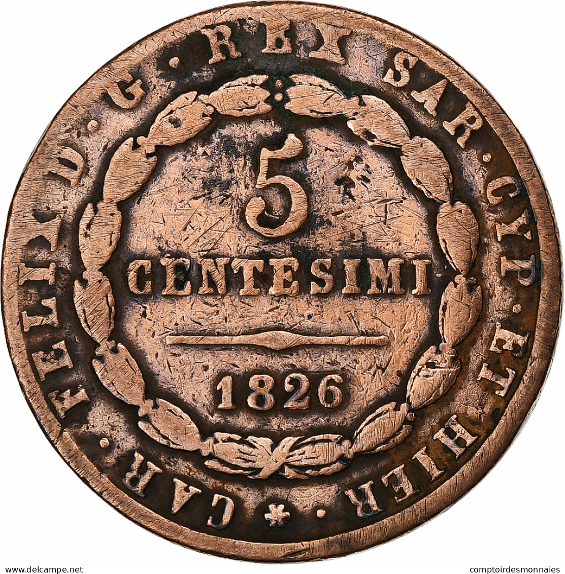 Italie, Carlo Felice, 5 Centesimi, 1826, Cuivre, B+, KM:127.1 - Piemonte-Sardinië- Italiaanse Savoie