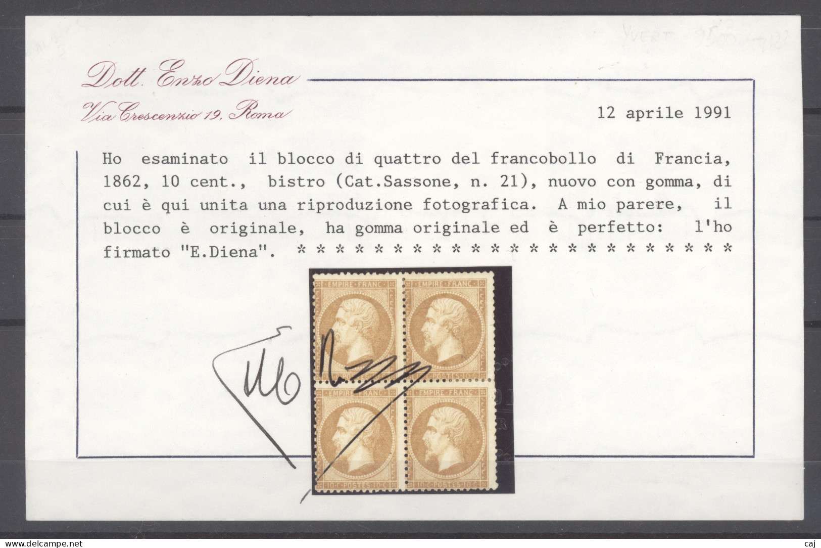 France  :  Mi  21  *  Bloc De 4  ,  Certificat  E. Diena - 1862 Napoléon III