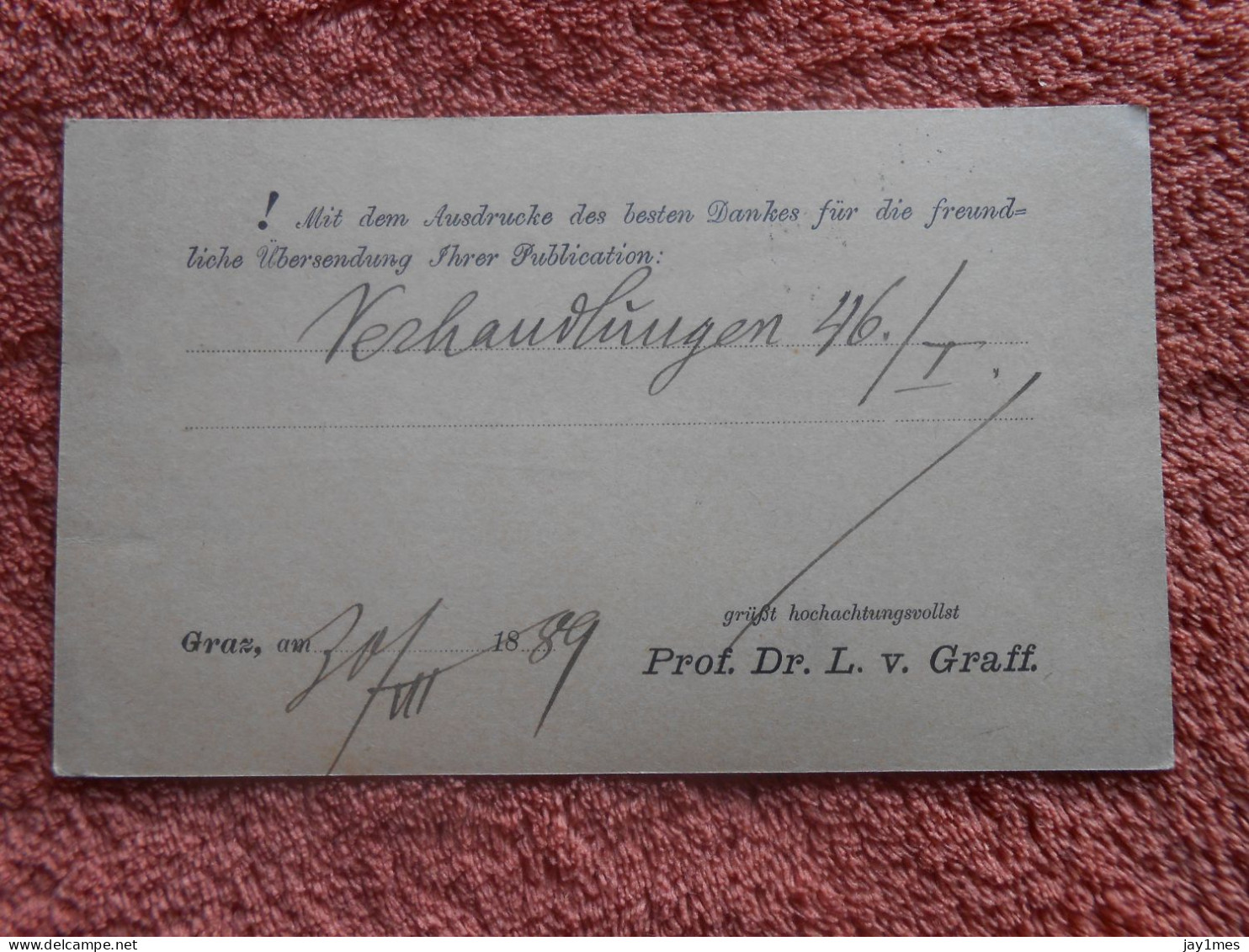 Österreich  Postkarte Privat Prof Dr L.v. Graff - Briefe U. Dokumente