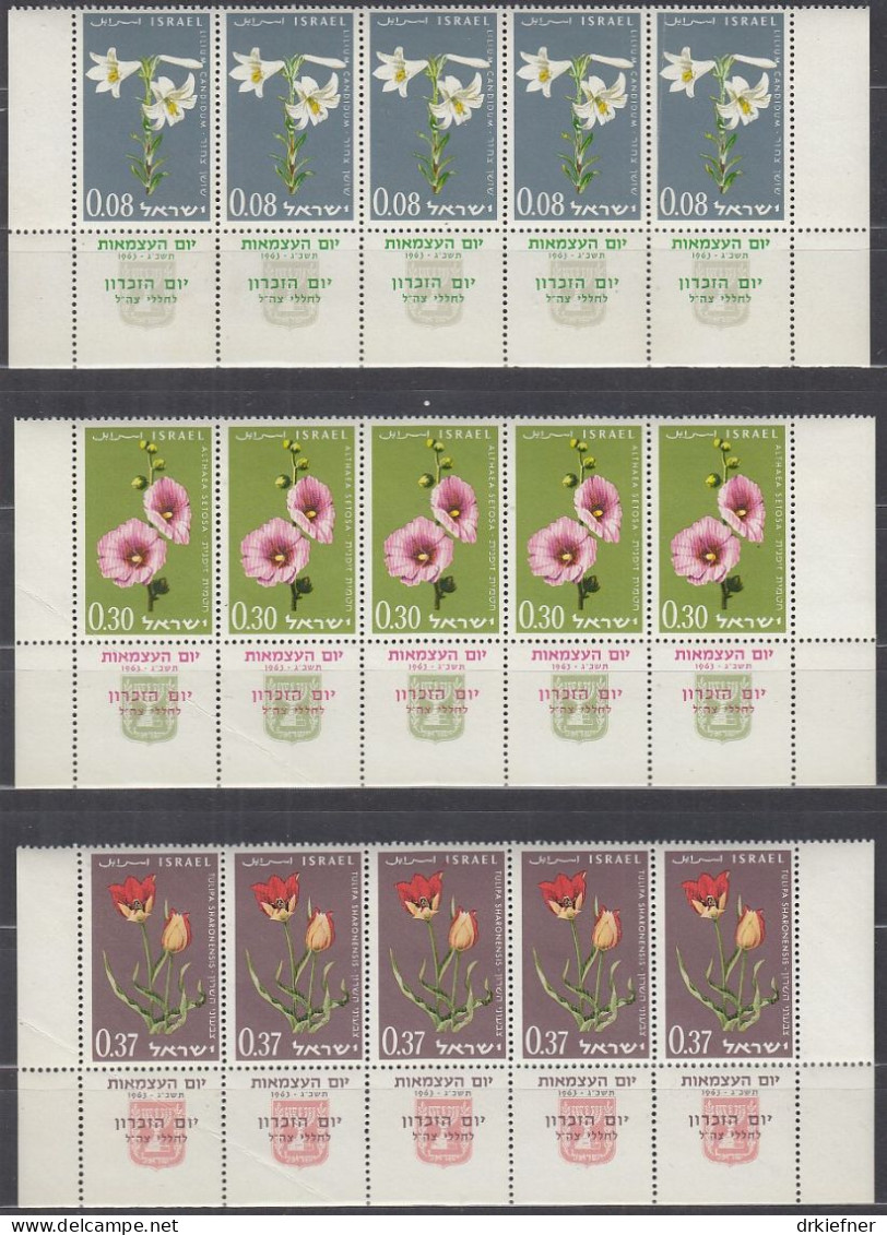 ISRAEL 283-85, 5erStreifen Unterrand TAB, Postfrisch **, 15 Jahre Unabhängigkeit: Blumen, 1963 - Ungebraucht (mit Tabs)