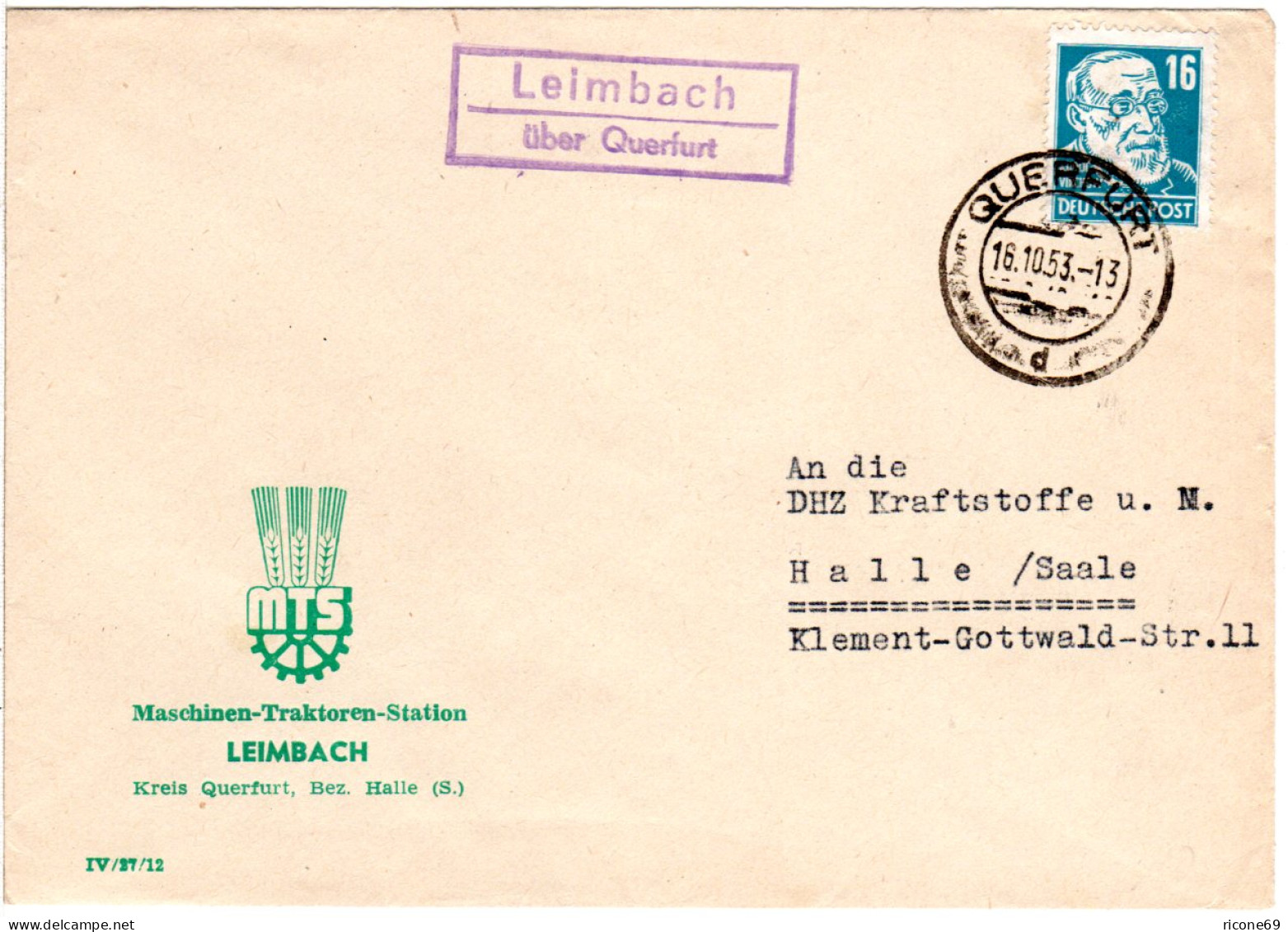 DDR 1953, Landpost Stpl. LEIMBACH über Querfurt Auf Brief M. 16 Pf.  - Lettres & Documents