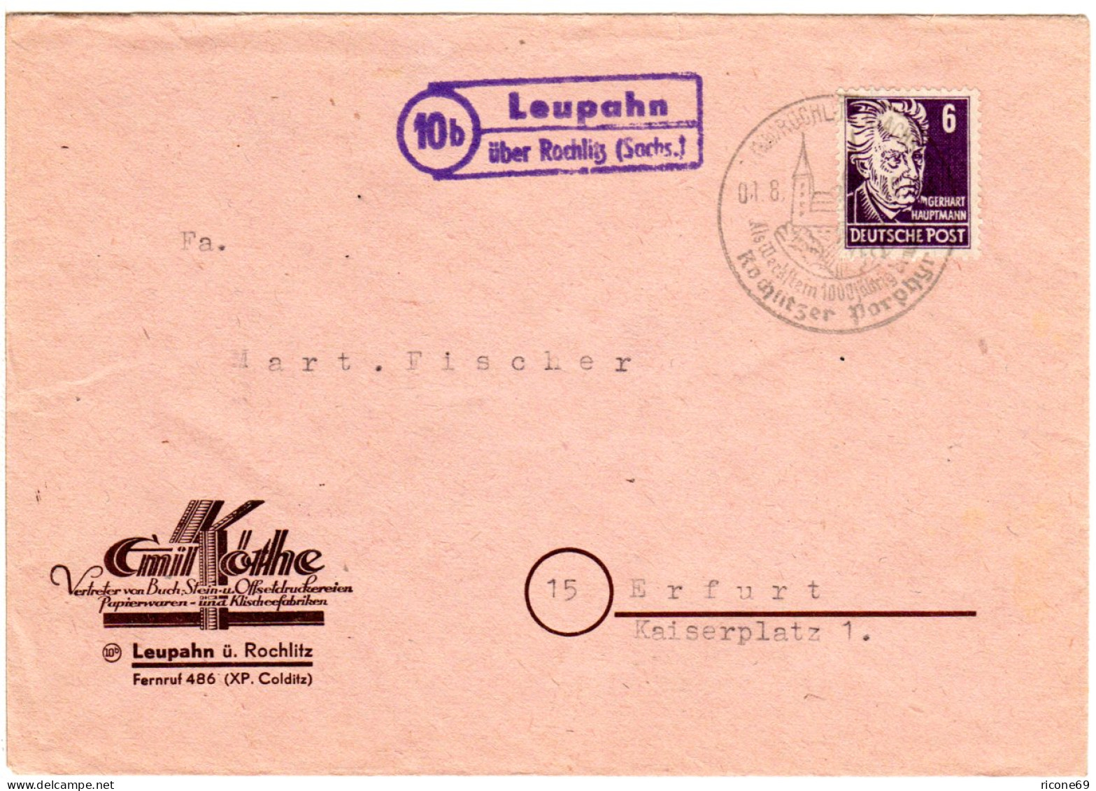 1949, Landpost Stpl. 10b LEUPAHN über Rochlitz Auf Drucksache Brief M. 6 Pf.  - Covers & Documents