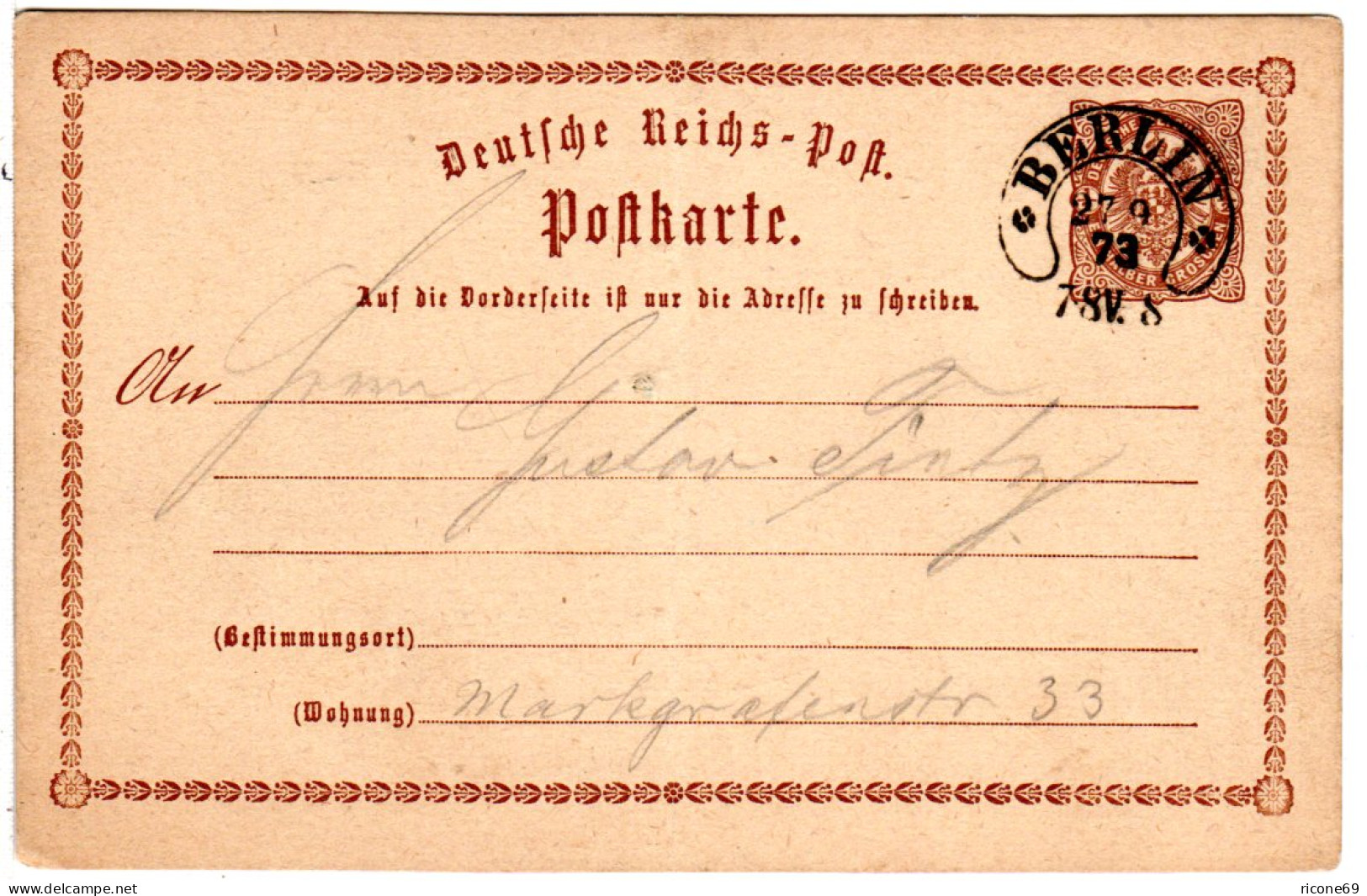 DR 1873. Hufeisen Stpl. BERLIN Klar Auf 1/2 Gr. Ganzsache In Ortsverwendung - Storia Postale