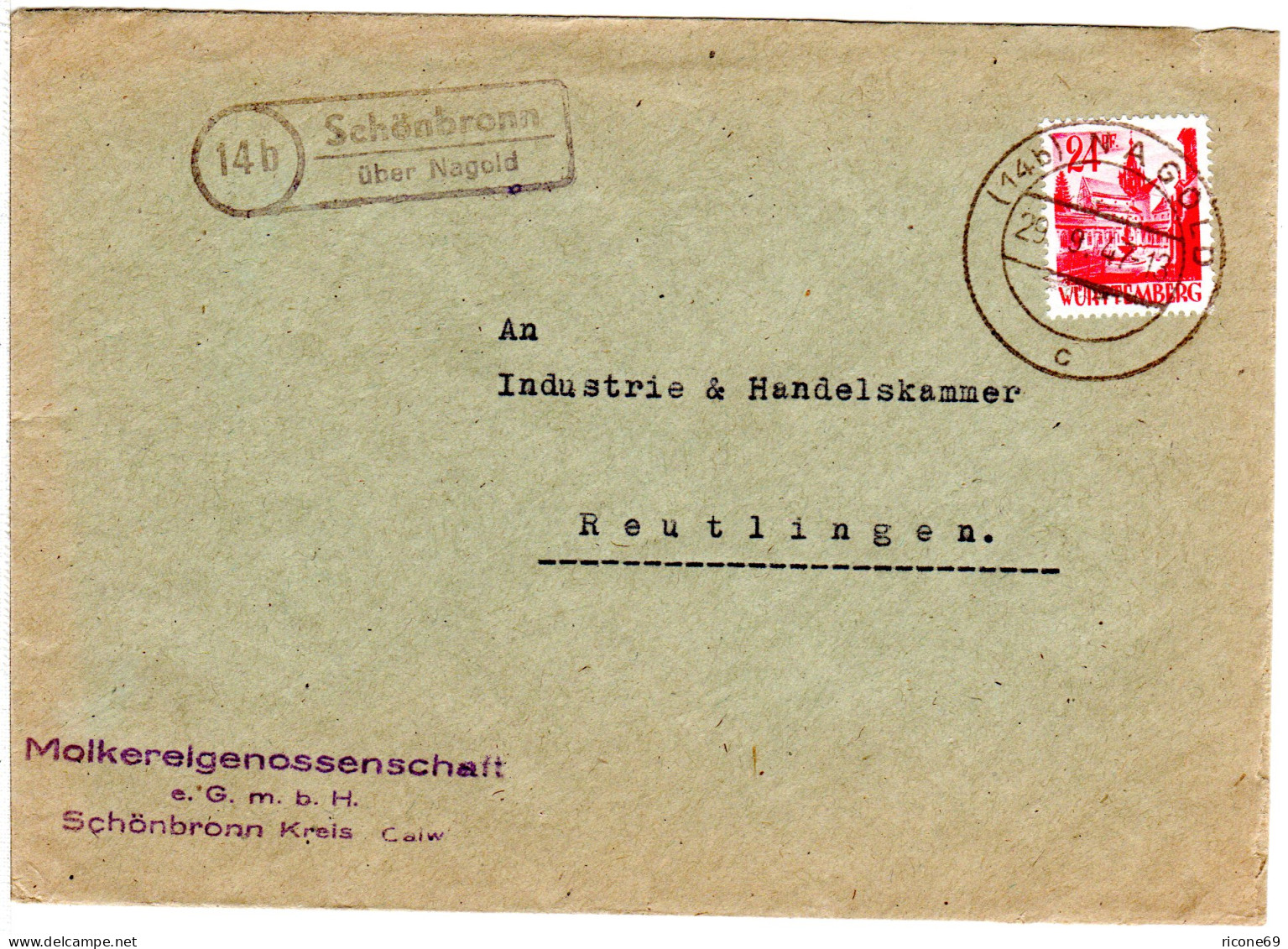 1947, Landpost Stpl. 14b SCHÖNBRONN über Nagold Auf Molkerei Brief M. 20 Pf. - Sammlungen