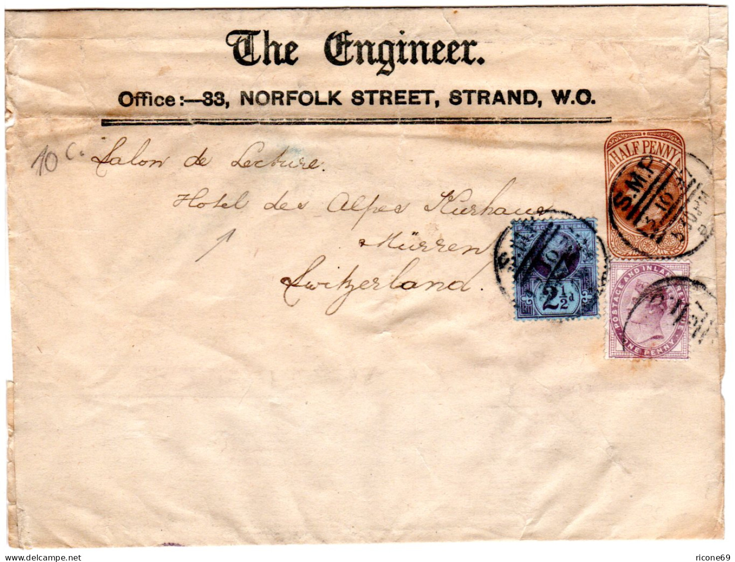 GB 1897, 1+2 1/2d Zusatzfr. Auf 1/2d The Engineer Streifband Ganzsache I.d. CH - Other & Unclassified