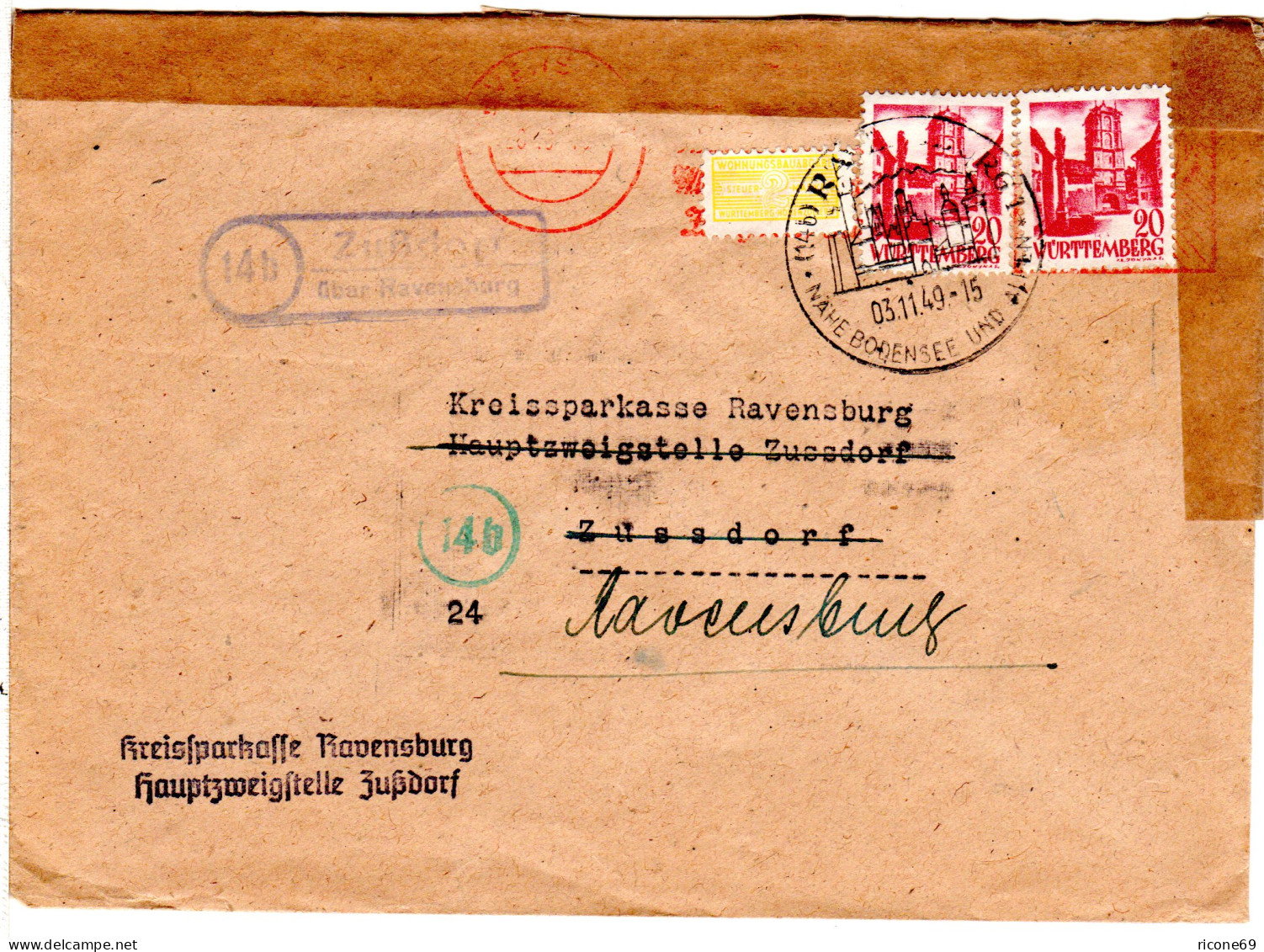 1949, Landpost Stpl. 14b ZUSSDORF über Ravensburg Auf Brief M. 2x20 Pf. - Wurtemberg