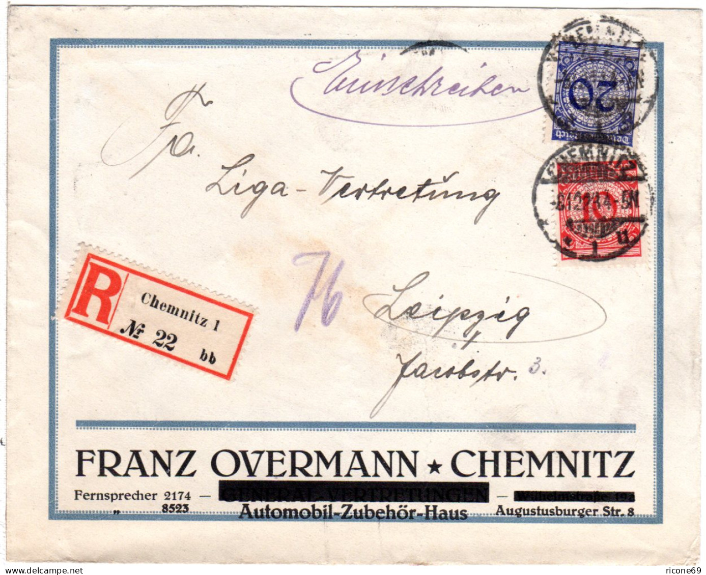 DR 1923, 10+20 Pf. Germania Auf Reko Dezember-Brief V. Chemnitz - Brieven En Documenten