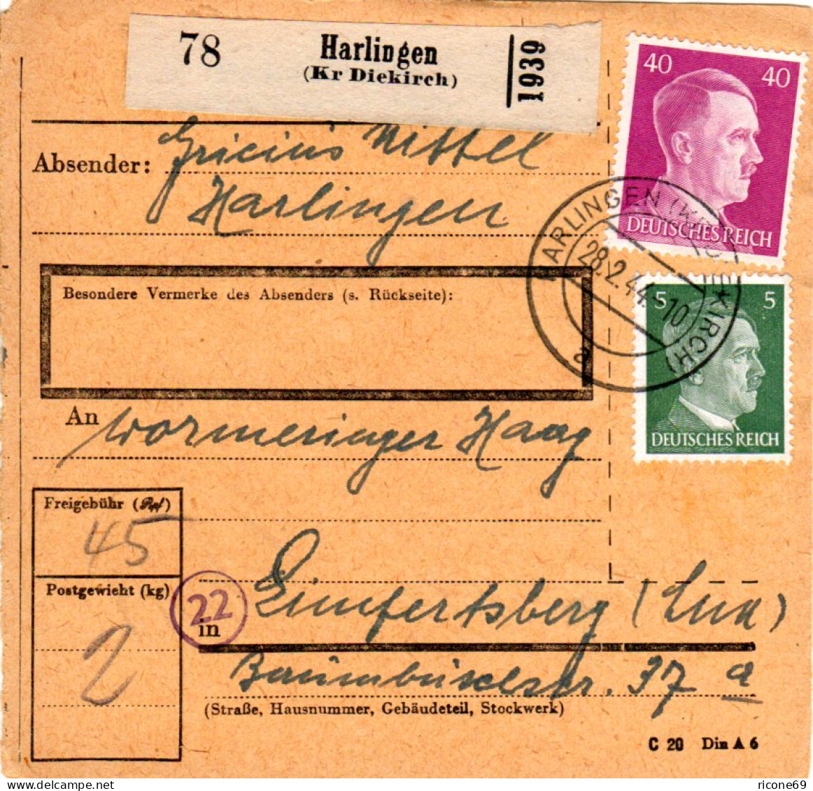 Luxemburg 1944, 5+40 Pf. Auf Paketkarte V. Harlingen - Ocupación 1938 – 45