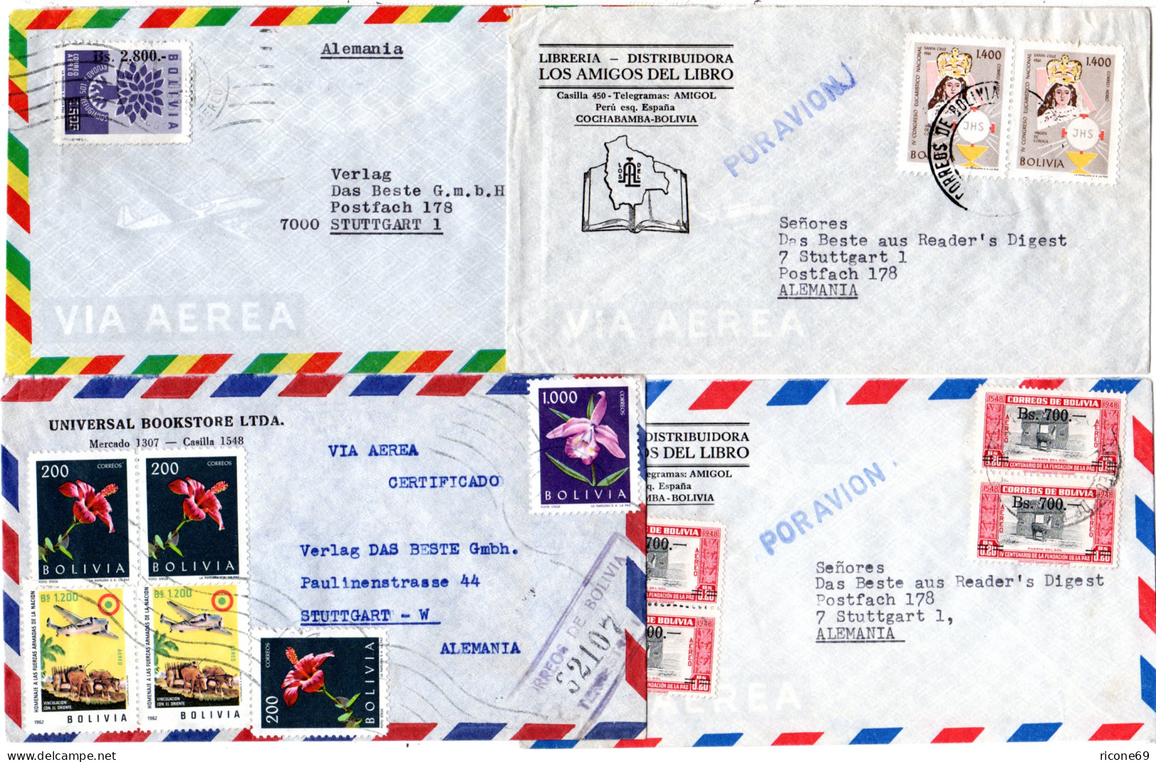 Bolivien 1962/67, 4 Luftpost Briefe N. Deutschland, Dabei Ein Einschreiben - Bolivie