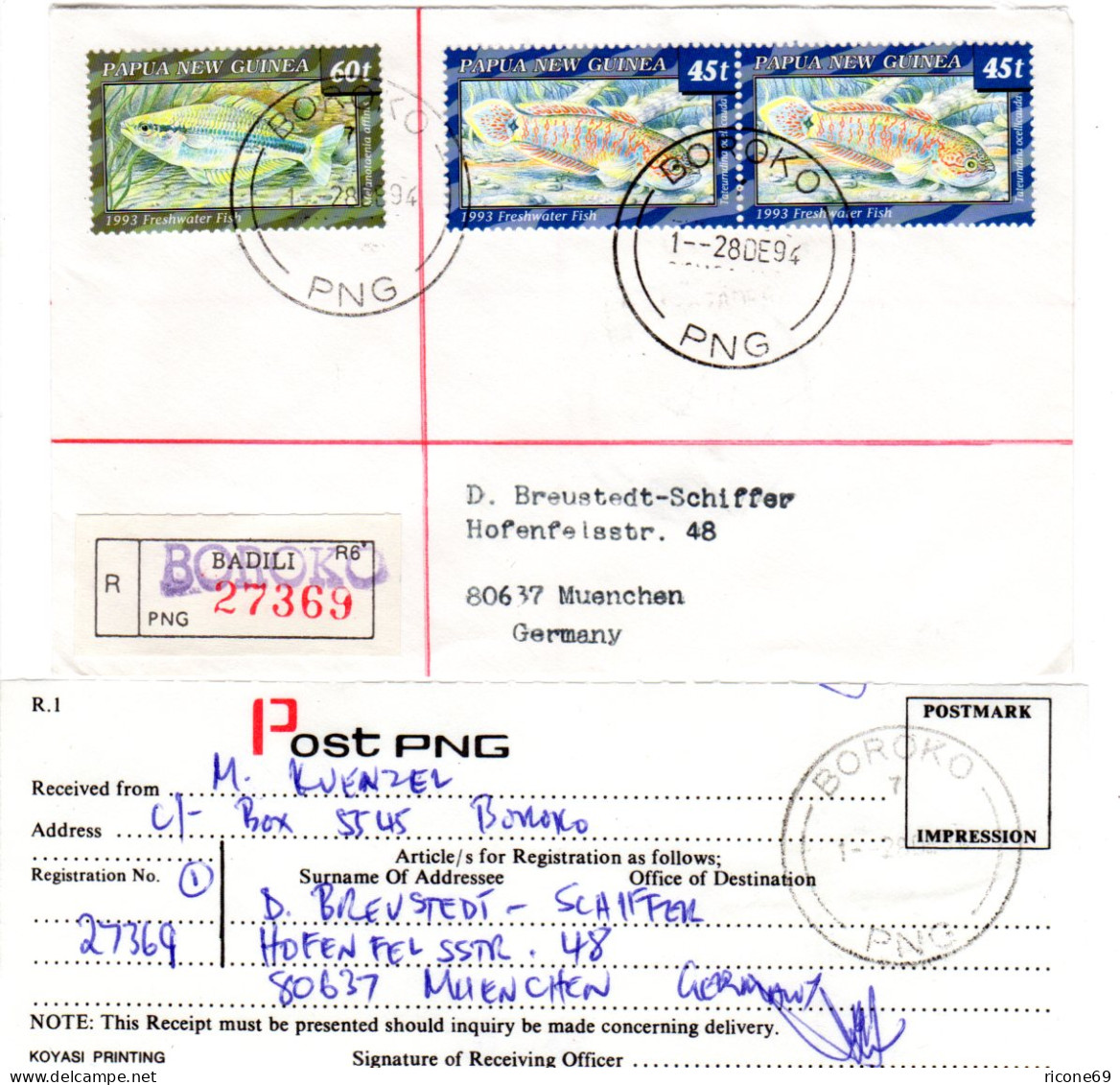 Papua Neu Guinea 1994, 60+2x45 T Fische Auf Einschreiben Brief V. Baroko - Sonstige - Ozeanien