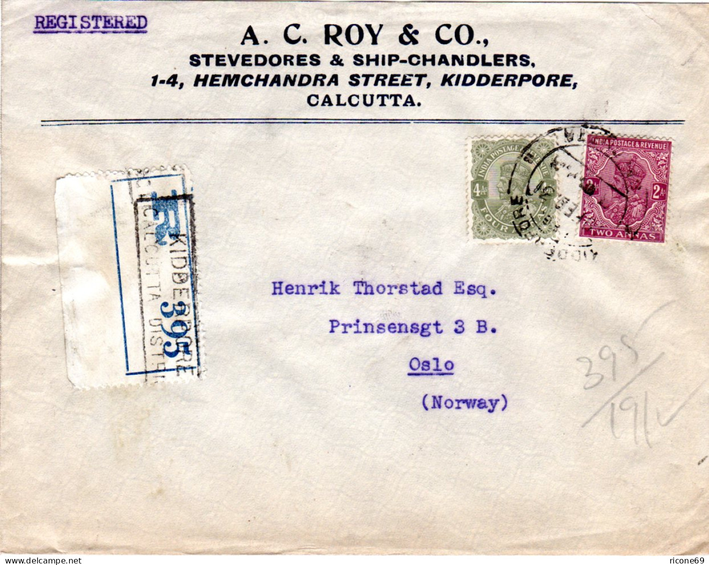 Indien 1931, 2+4 As. Auf Firmen Einschreiben Brief V. Calcutta N. Norwegen - Autres & Non Classés