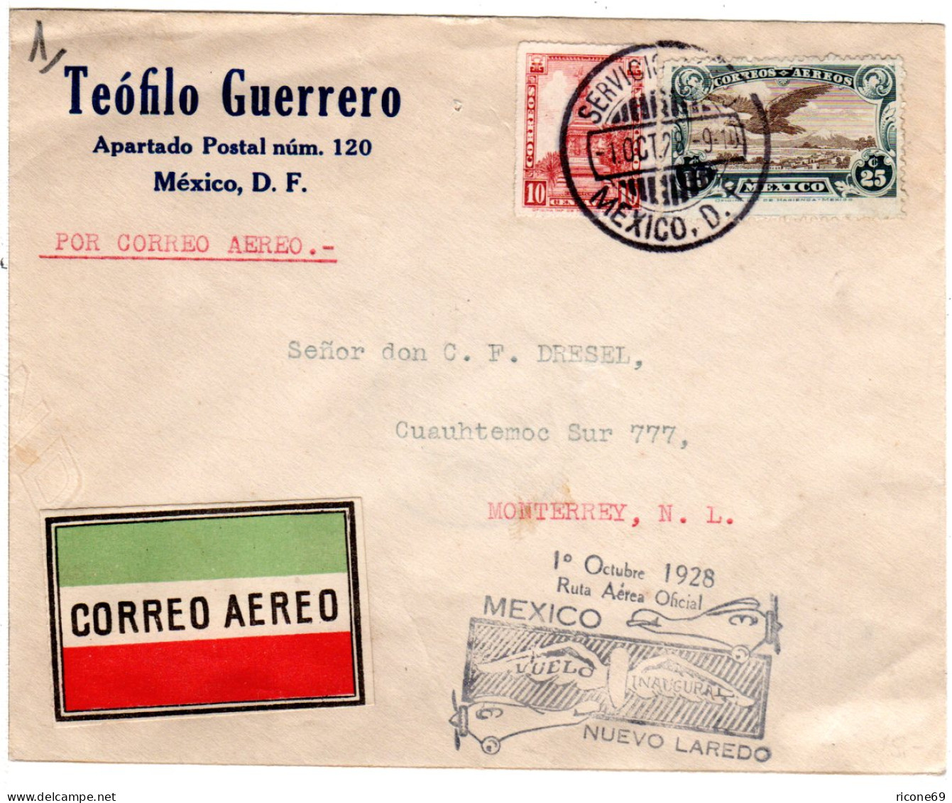 Mexiko 1929, 10+25 C. Auf Erstflug Brief Mexico-Monterrey, Nuevo Laredo. - Mexique