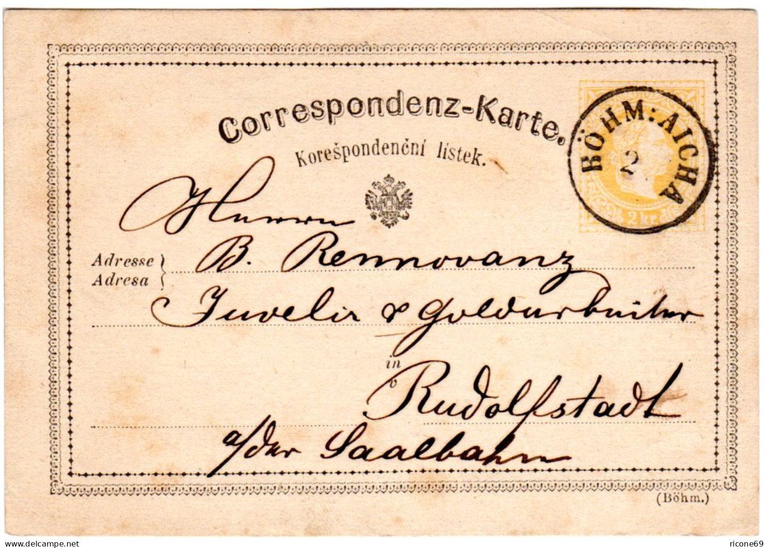 Österreich 1875, Böhmen-K1 BÖHM:AICHA Klar Auf 2 Kr. Ganzsache - Lettres & Documents