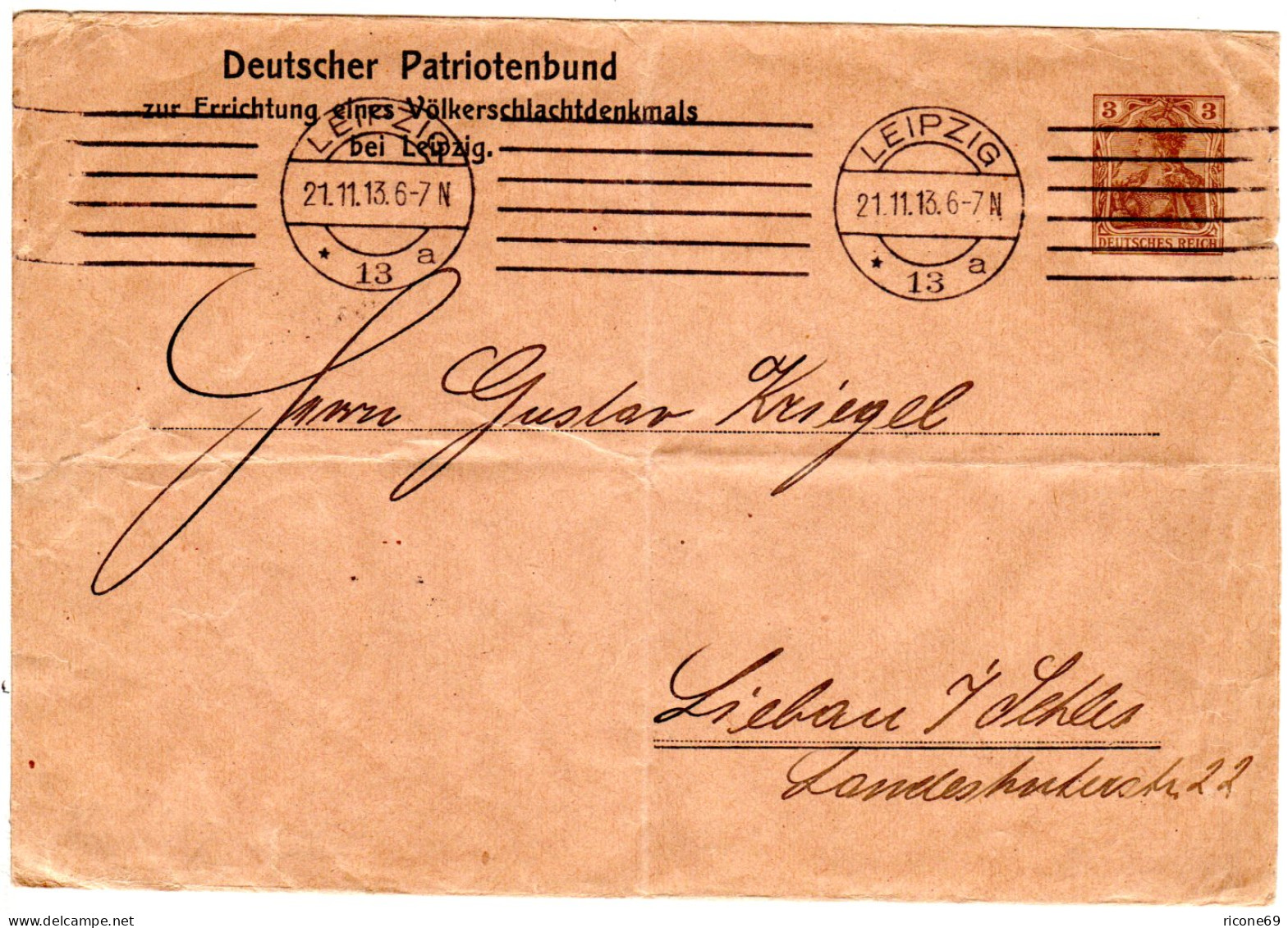 DR 1913, Gebr. 3 Pf. Germania Privatganzsache Streifband Patriotenbund Leipzig - Storia Postale