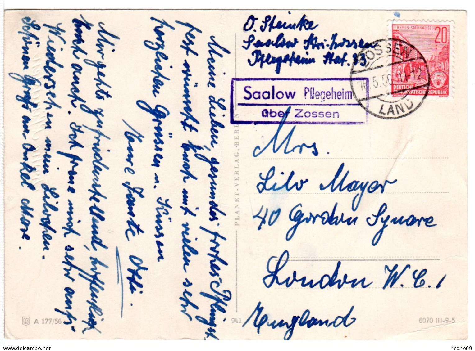 DDR 1956, Landpost Stpl. SAALOW über Zossen Auf Karte M. 20 Pf.  N. GB - Storia Postale