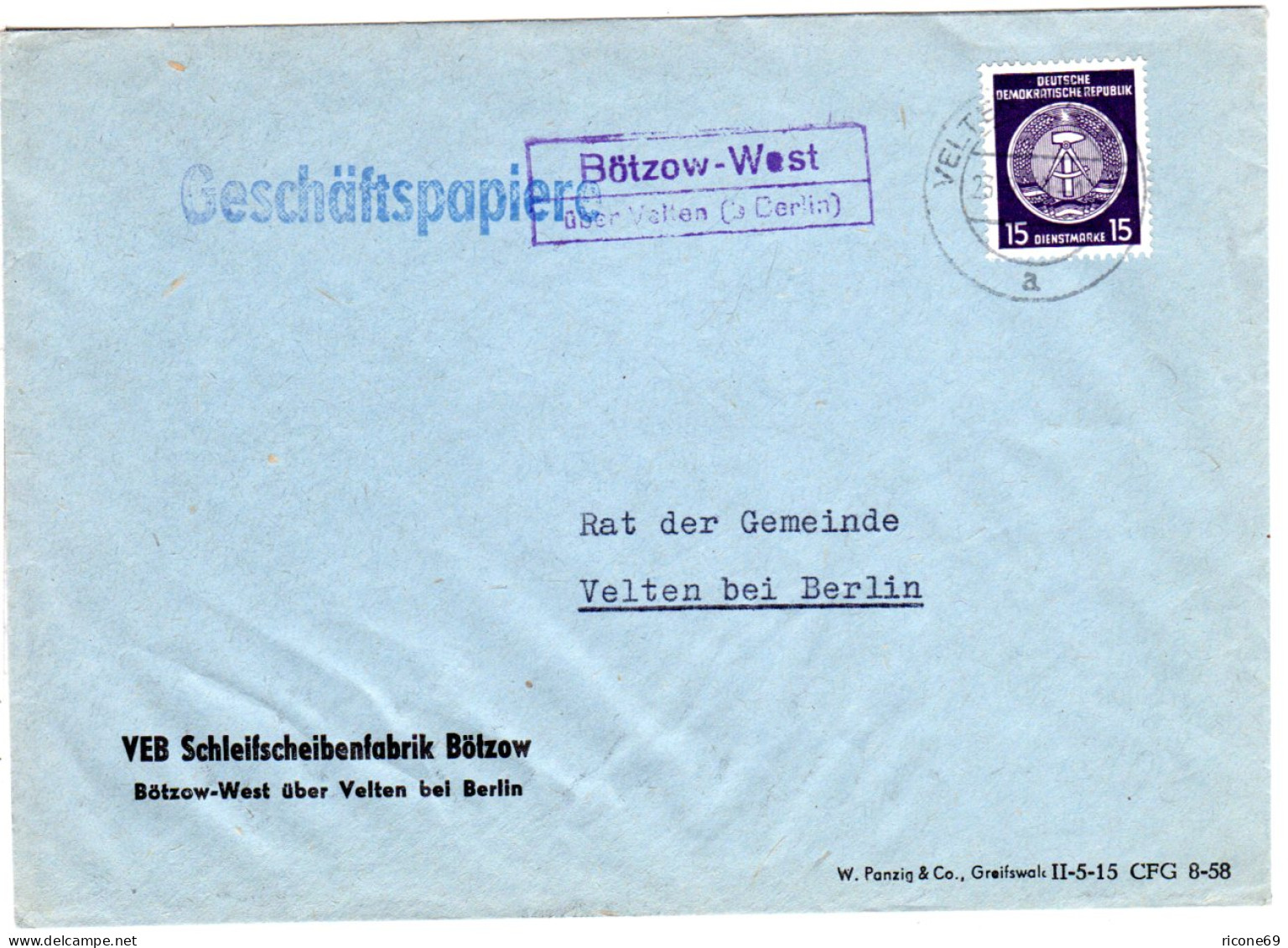 DDR 1954, Landpost Stpl. BÖTZOW-WEST über Velten Auf Brief M. 15 Pf. Dienst - Lettres & Documents