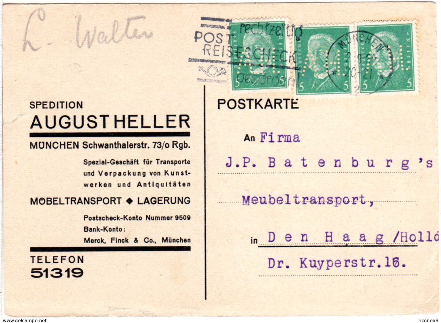 DR 1932, MeF 3x5 Pf. M. Perfin Auf Firmenkarte V. München. - Covers & Documents