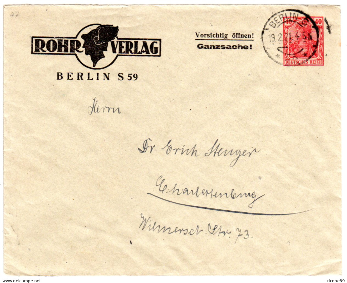 DR 1921, Sauber Gebr. 40 Pf. Germania Privatganzsache Brief Rohr Verlag Berlin - Cartas & Documentos
