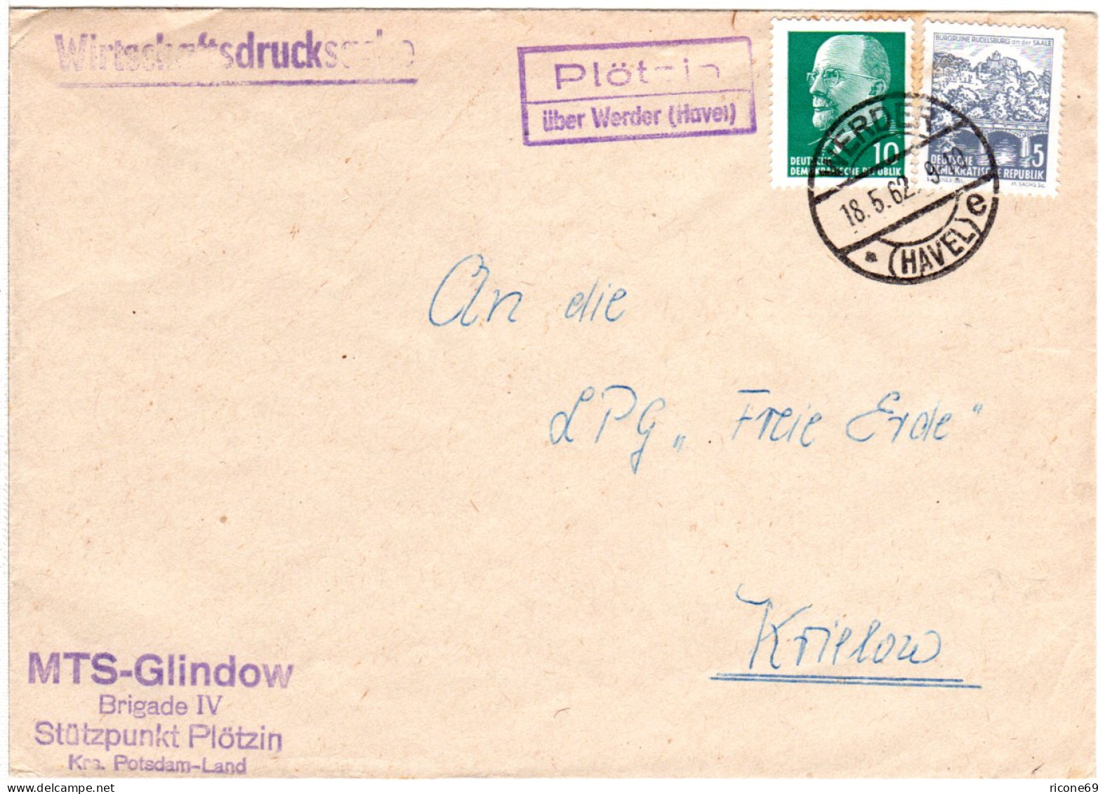 DDR 1962, Landpost Stpl. PLÖTZIN über Werder Auf Drucksache Brief M. 5+10 Pf. - Covers & Documents