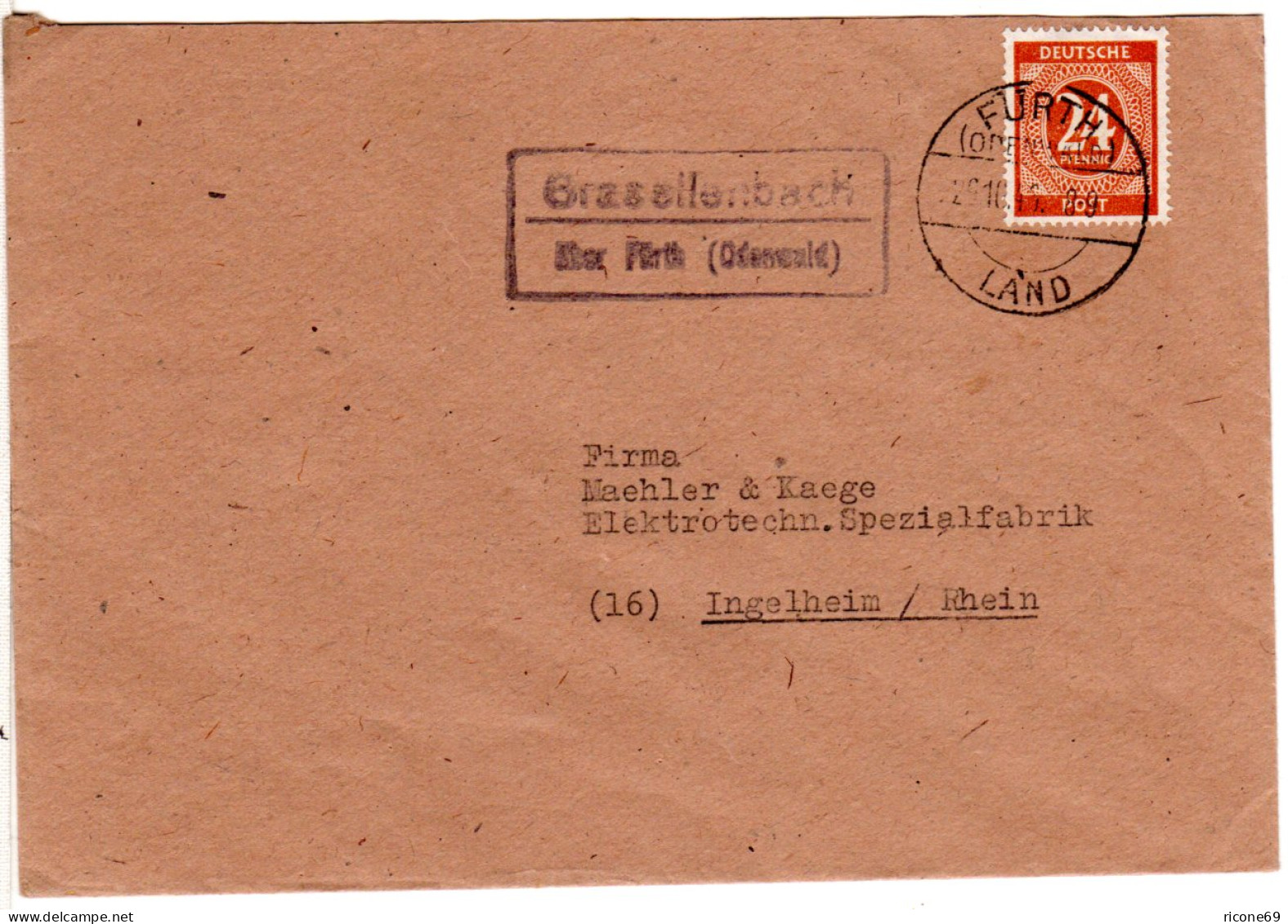 1945, Landpost Stpl. GRASELLENBACH über Fürth (Odenwald) Auf Brief M. 24 Pf.  - Briefe U. Dokumente