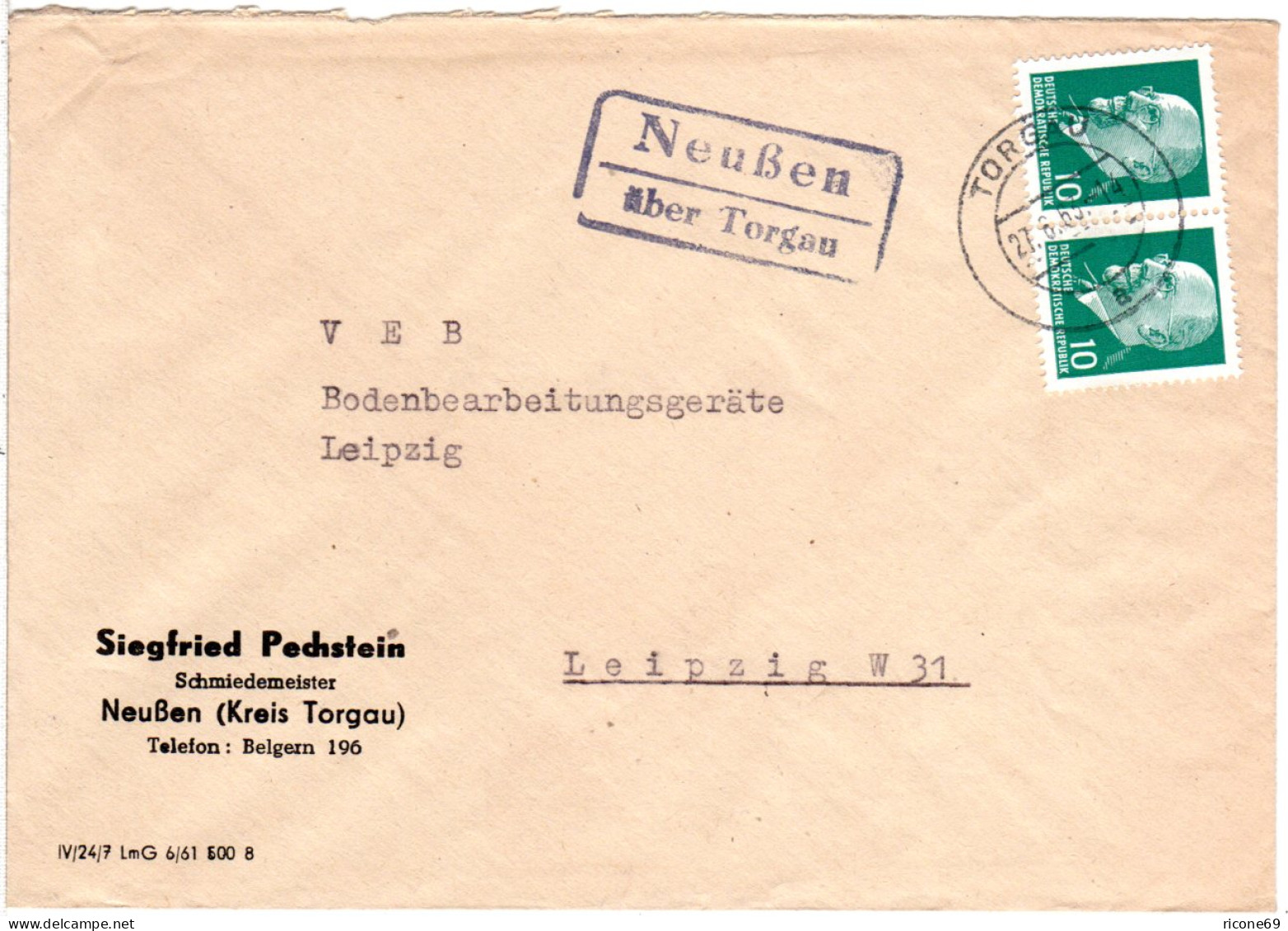 DDR 1963, Landpost Stpl. NEUSSEN über Torgau Auf Firmen Brief M. Paar 10 Pf. - Covers & Documents