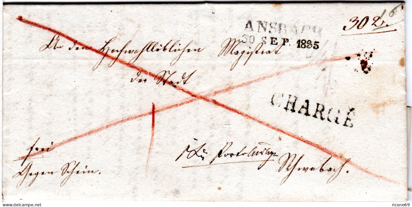 Bayern 1835, L2 ANSBACH U. CHARGÉ Klar Auf Franko Brief N. Schwabach. - Prephilately