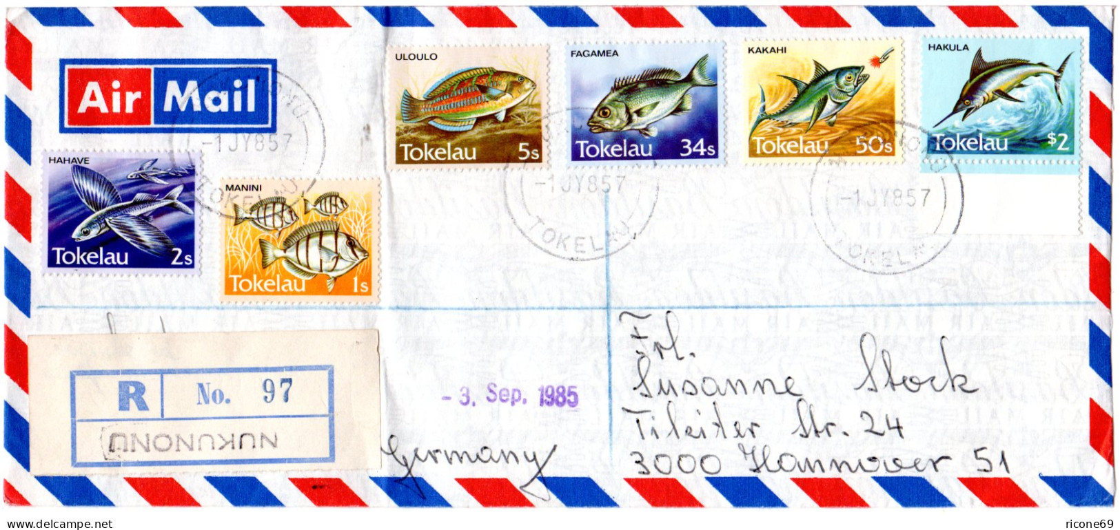 Tokelau 1985, 6 Werte Fische (inkl. 2$) Auf Einschreiben Brief N. Deutschland - Sonstige - Ozeanien