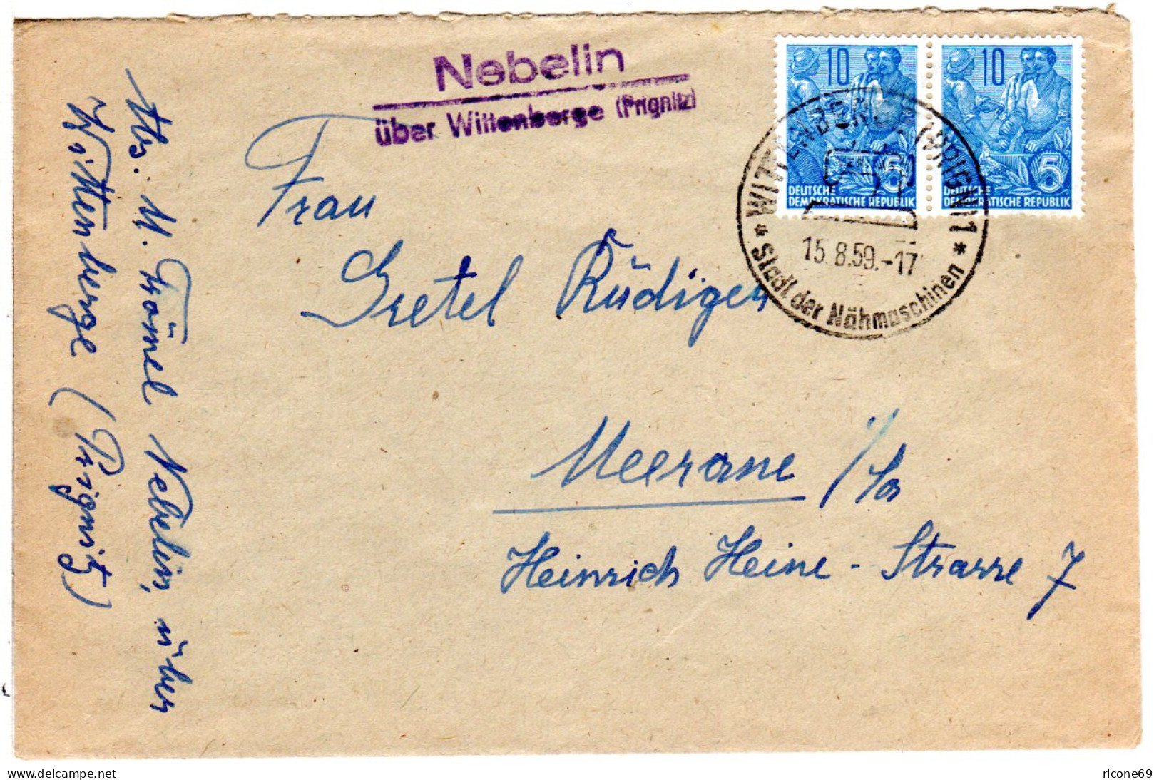 DDR 1959, Landpost Stpl. NEBELIN über Wittenberge Auf Brief M. Paar 10 Pf. - Lettres & Documents