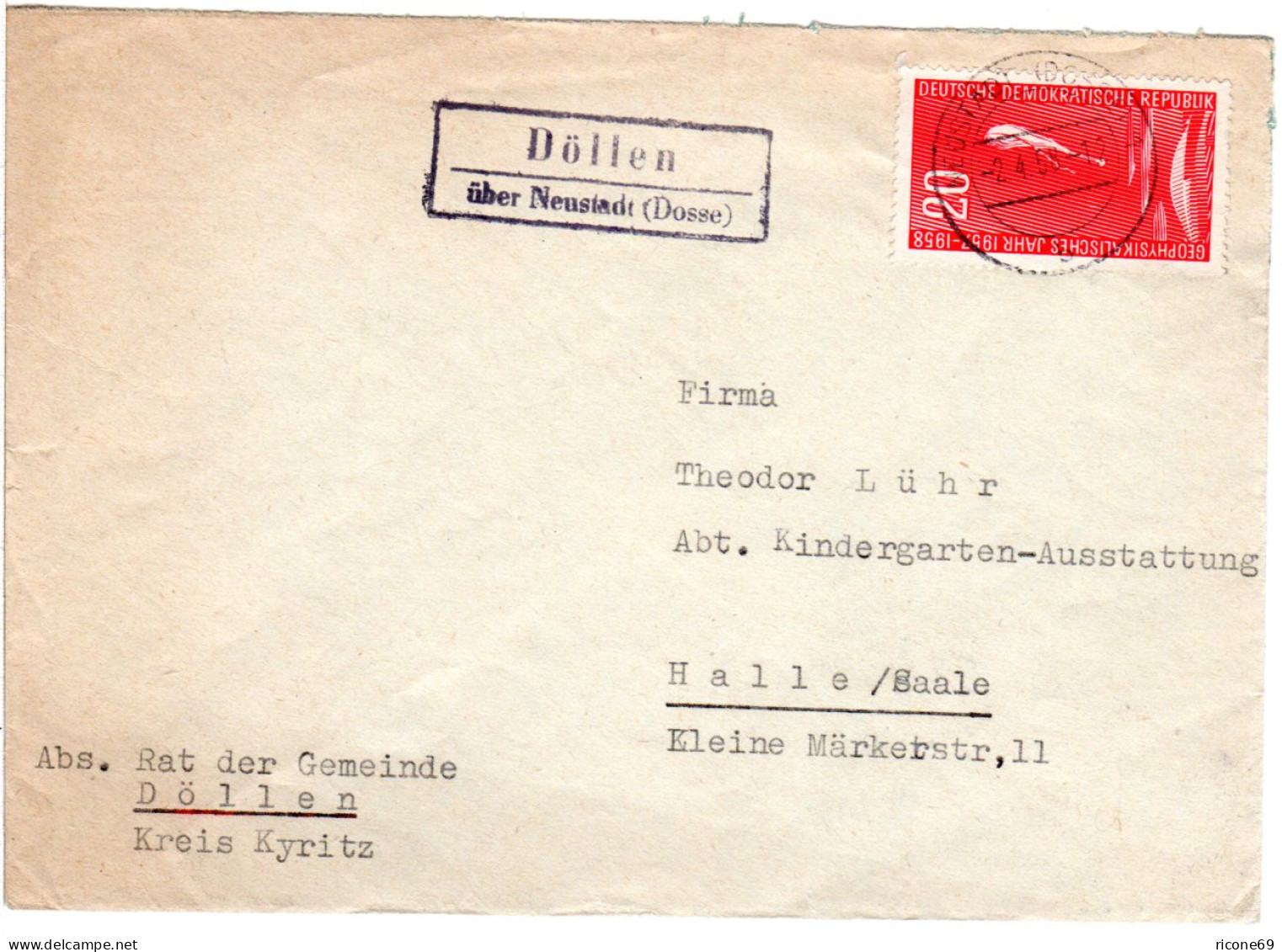 DDR 1958, Landpost Stpl. DÖLLEN über Neustadt (Dosse) Auf Brief M. 20 Pf. - Briefe U. Dokumente