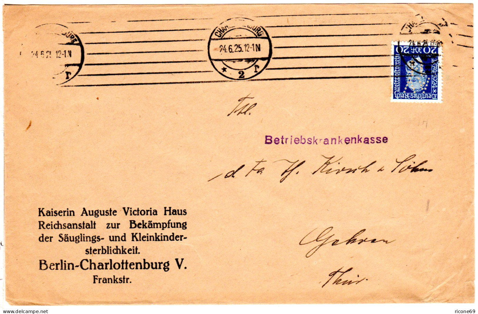 DR 1925, 20 Pf. M. Perfin Auf Kaiserin Auguste Victoria Haus Brief V. Berlin - Cartas & Documentos