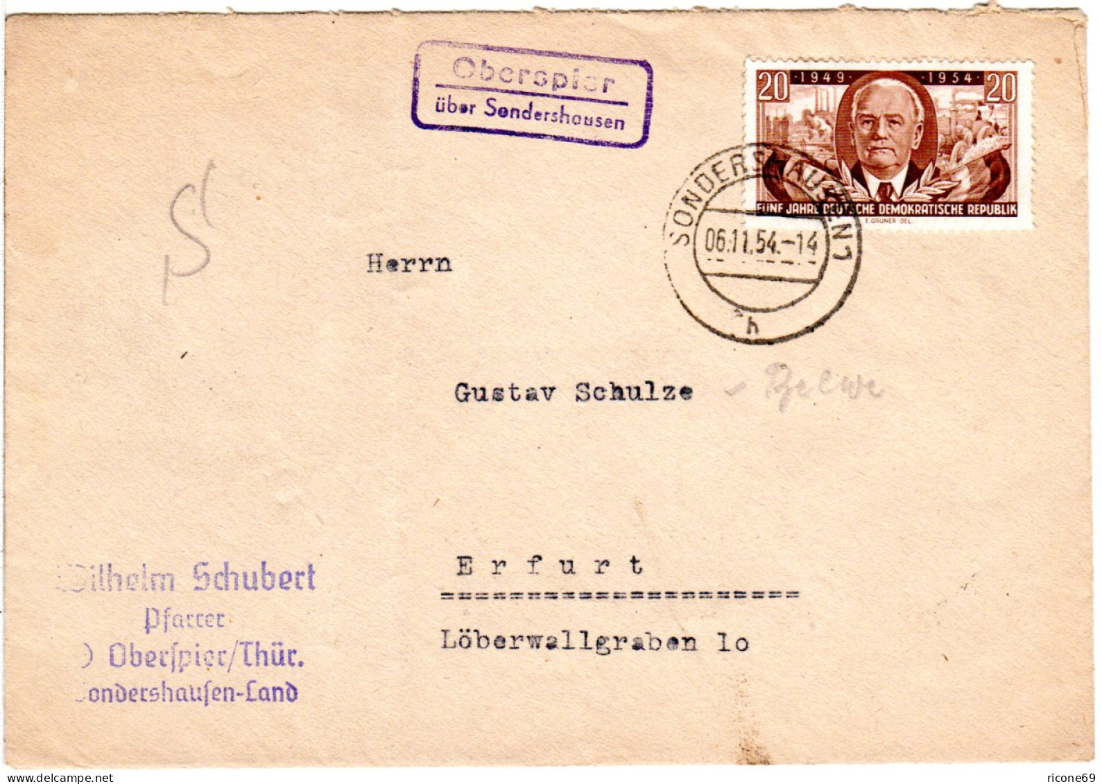 DDR 1954, Landpost Stpl. OBERSPIER über Sondershausen Auf  Brief M. 20 Pf. - Brieven En Documenten