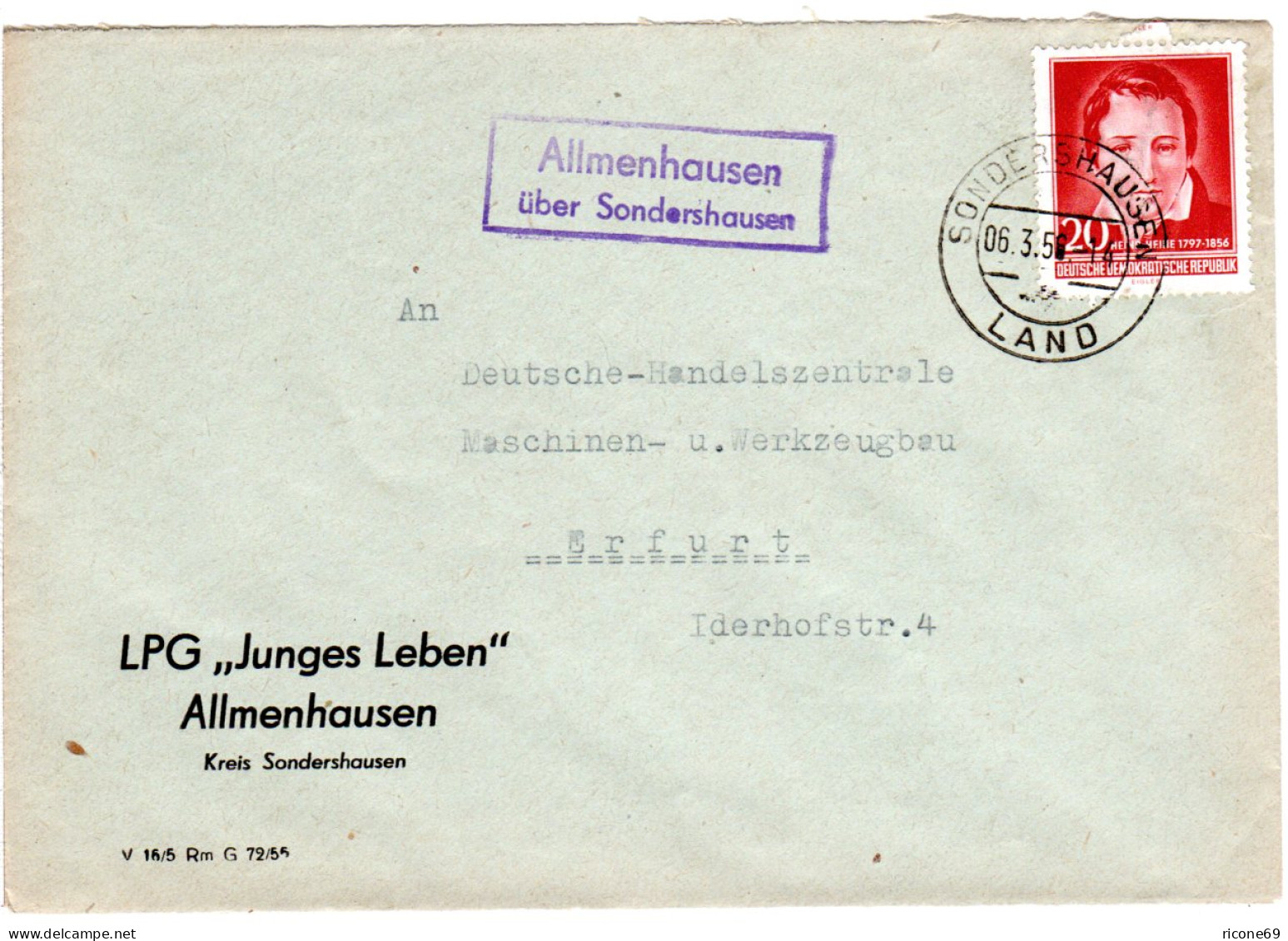 DDR 1956, Landpost Stpl. ALLMENHAUSEN über Sondershausen Auf LPG Brief M. 20 Pf. - Brieven En Documenten