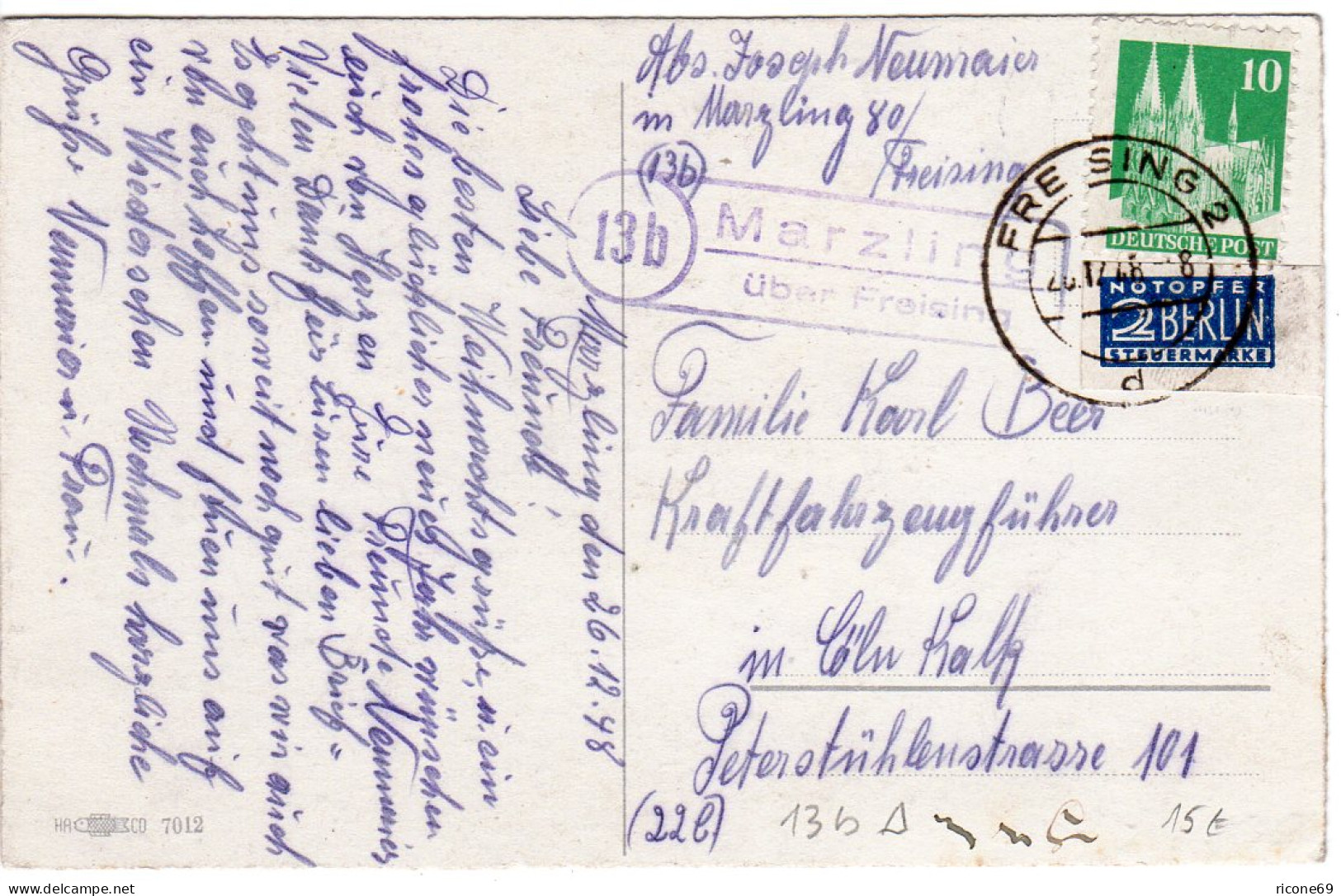 1948, Landpost Stpl. 13b MARZLING über Freising Auf Karte M. 10 Pf.+Notopfer - Lettres & Documents