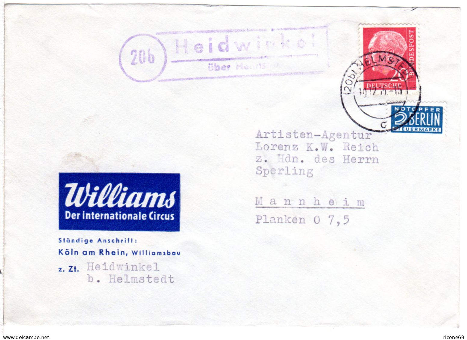 BRD 1955, Landpoststempel HEIDWINKEL über Helmstedt Auf Zirkus Williams Brief - Lettres & Documents