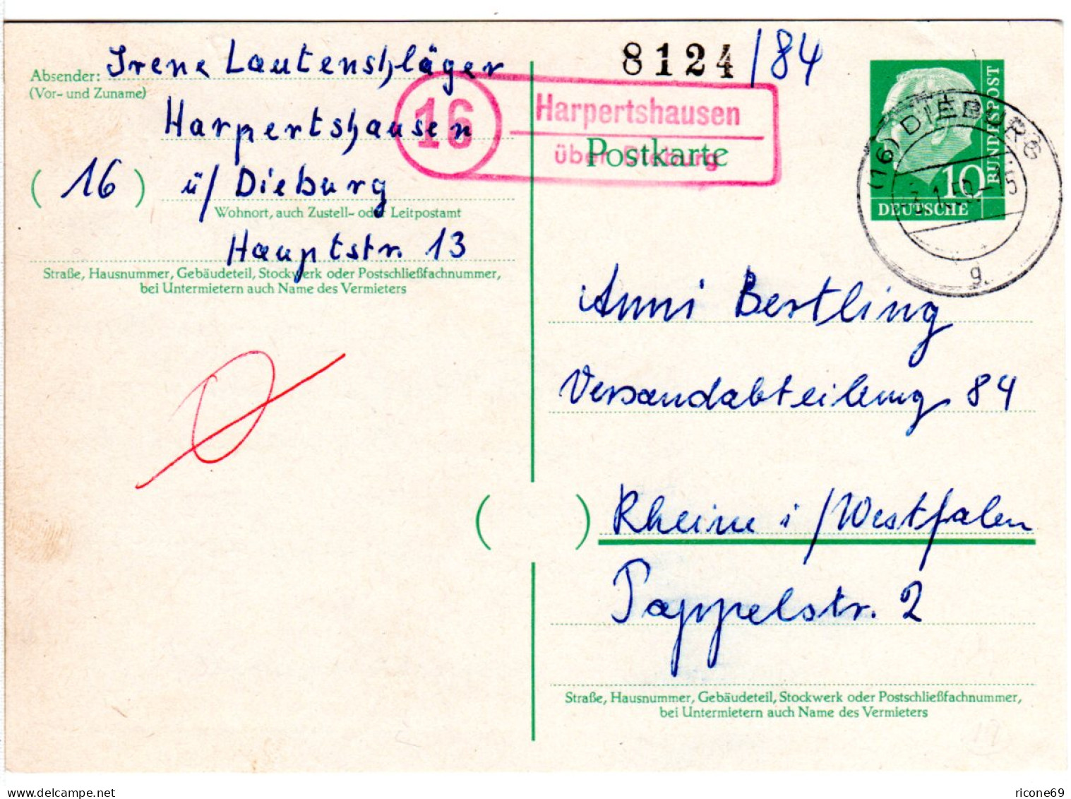 BRD 1959, Roter (!) Landpost Stpl. 16 HAPERTSHAUISEN über Dieburg Auf Ganzsache  - Covers & Documents
