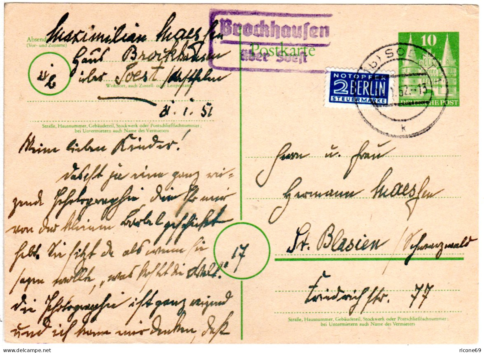 BRD 1952, Landpost Stpl. BROCKHAUSEN über Soest Auf 10 Pf. Ganzsache  - Storia Postale