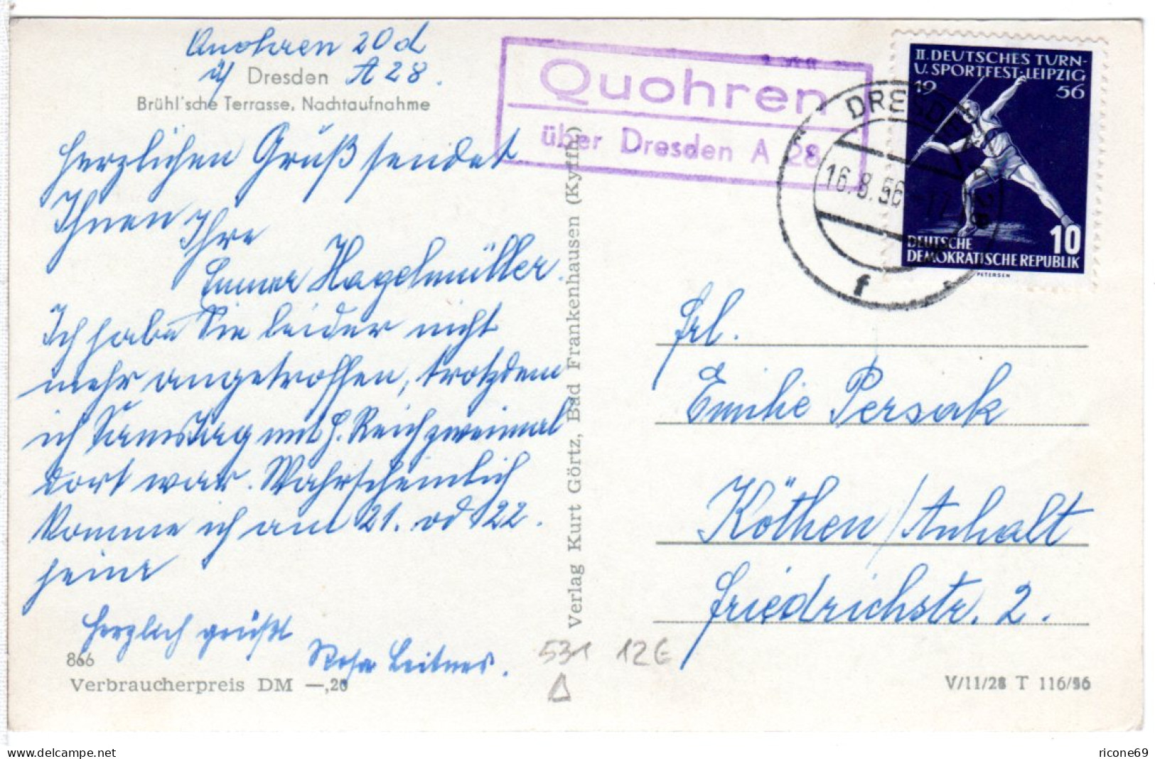 DDR 1956, Landpost Stpl. QUOHREN über Dresden A28 Auf Karte M. 10 Pf.  - Cartas & Documentos